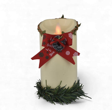 Beige Flameless LED Candle with Red Bow & Mini Wreath Base