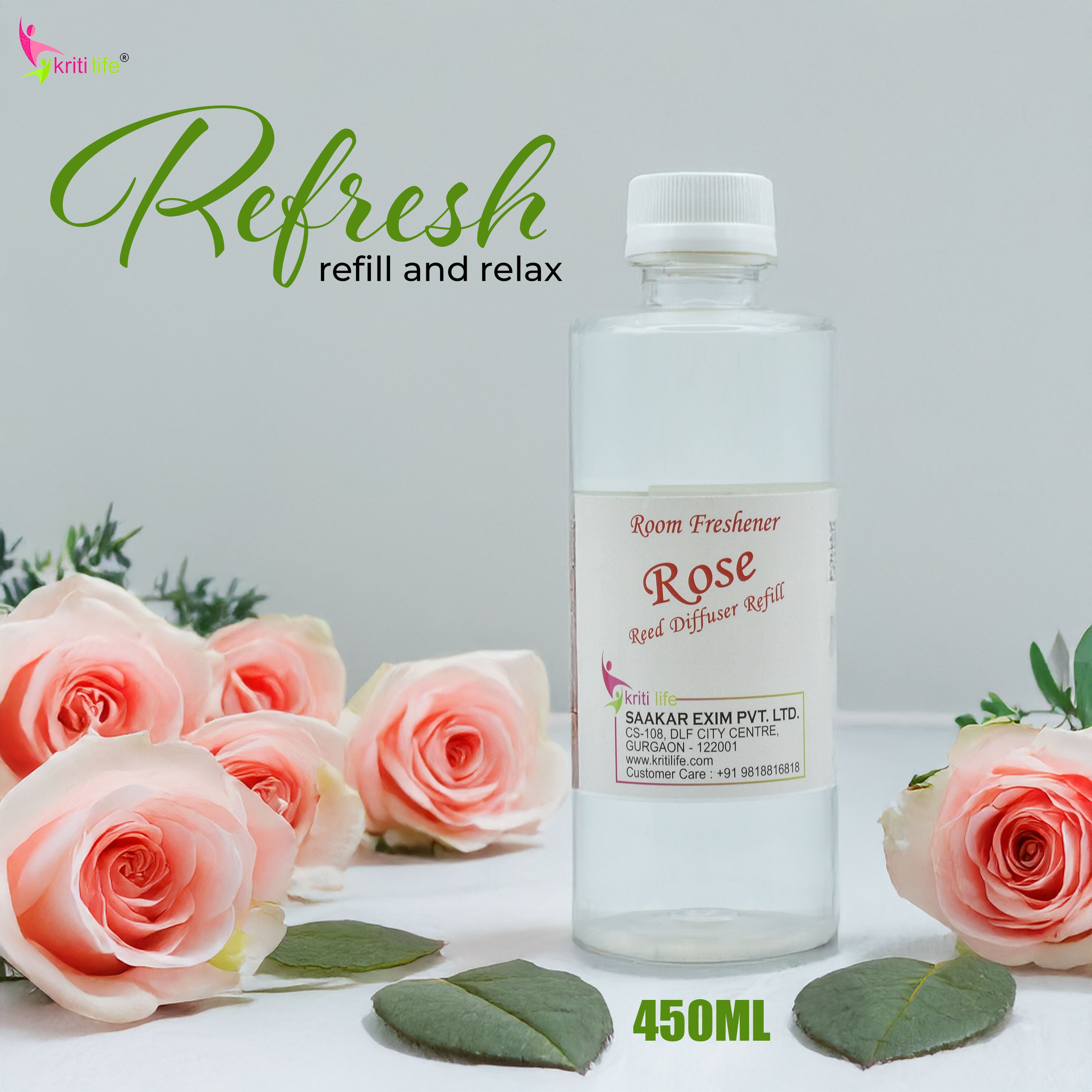 Kriti Life Reed Diffuser Refill - Rose 450ML Long-Lasting Room Fragrance