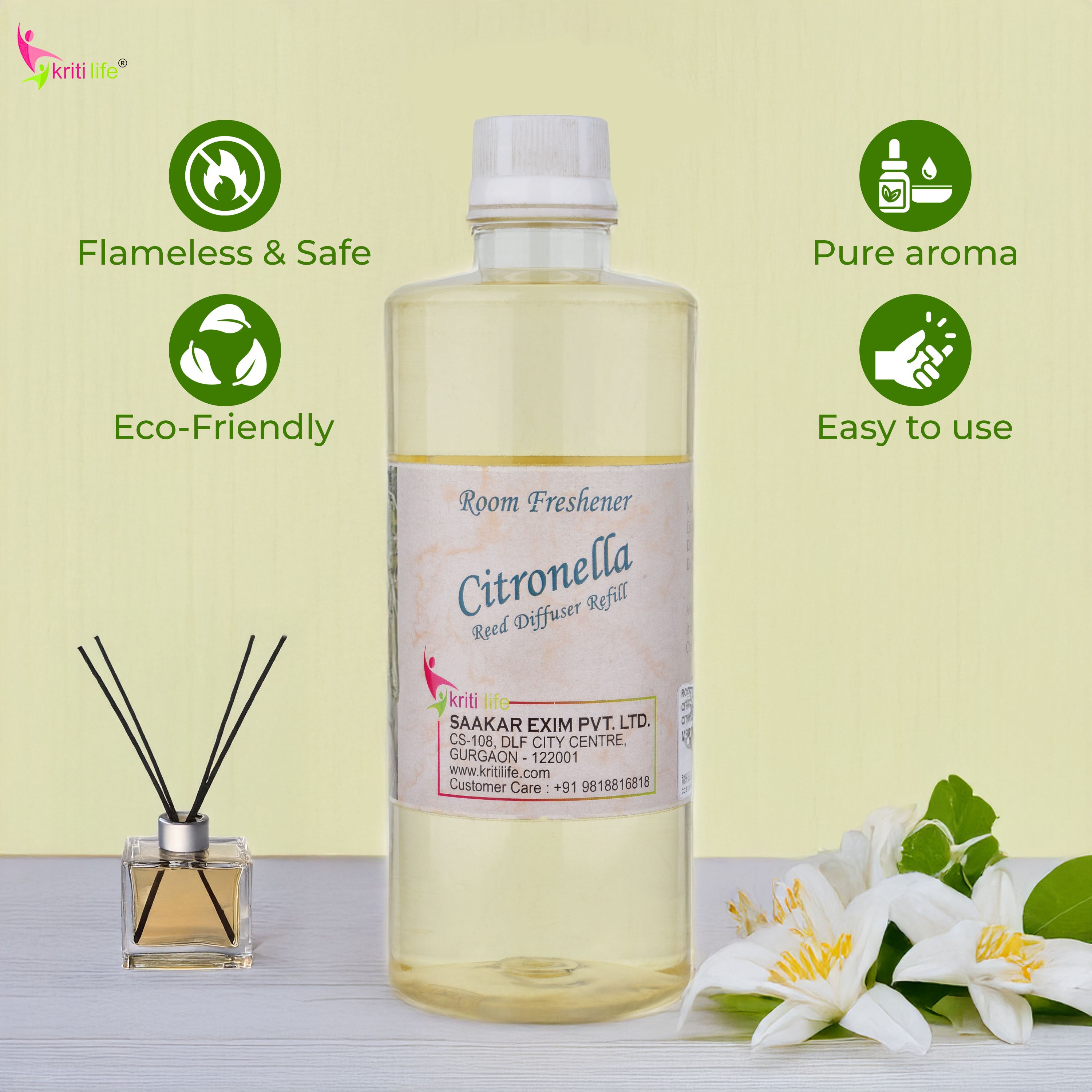 Kriti Life Reed Diffuser Refill - Citronella 450ML Long-Lasting Room Fragrance