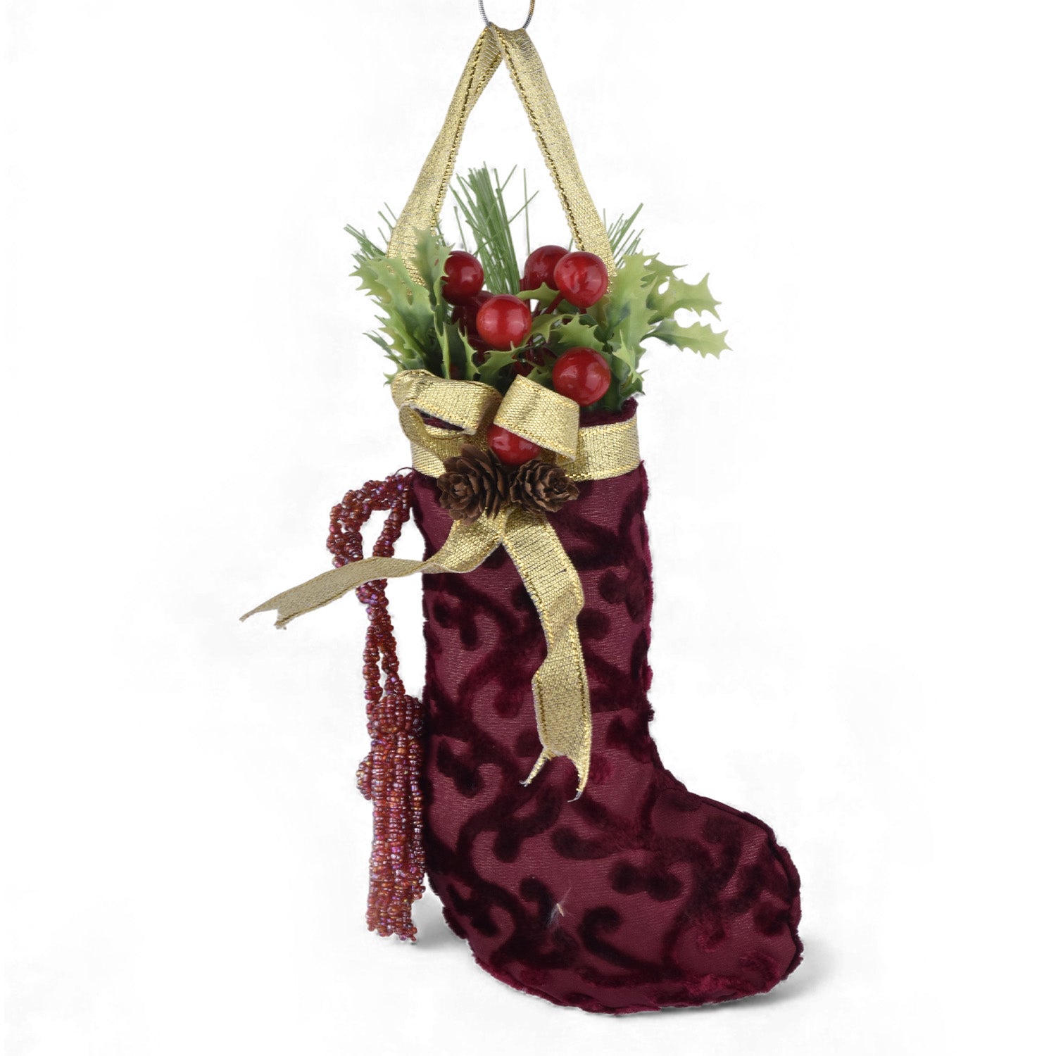 Velvet Christmas Stocking Hanging Ornament – Red & Gold Décor - 8 inch