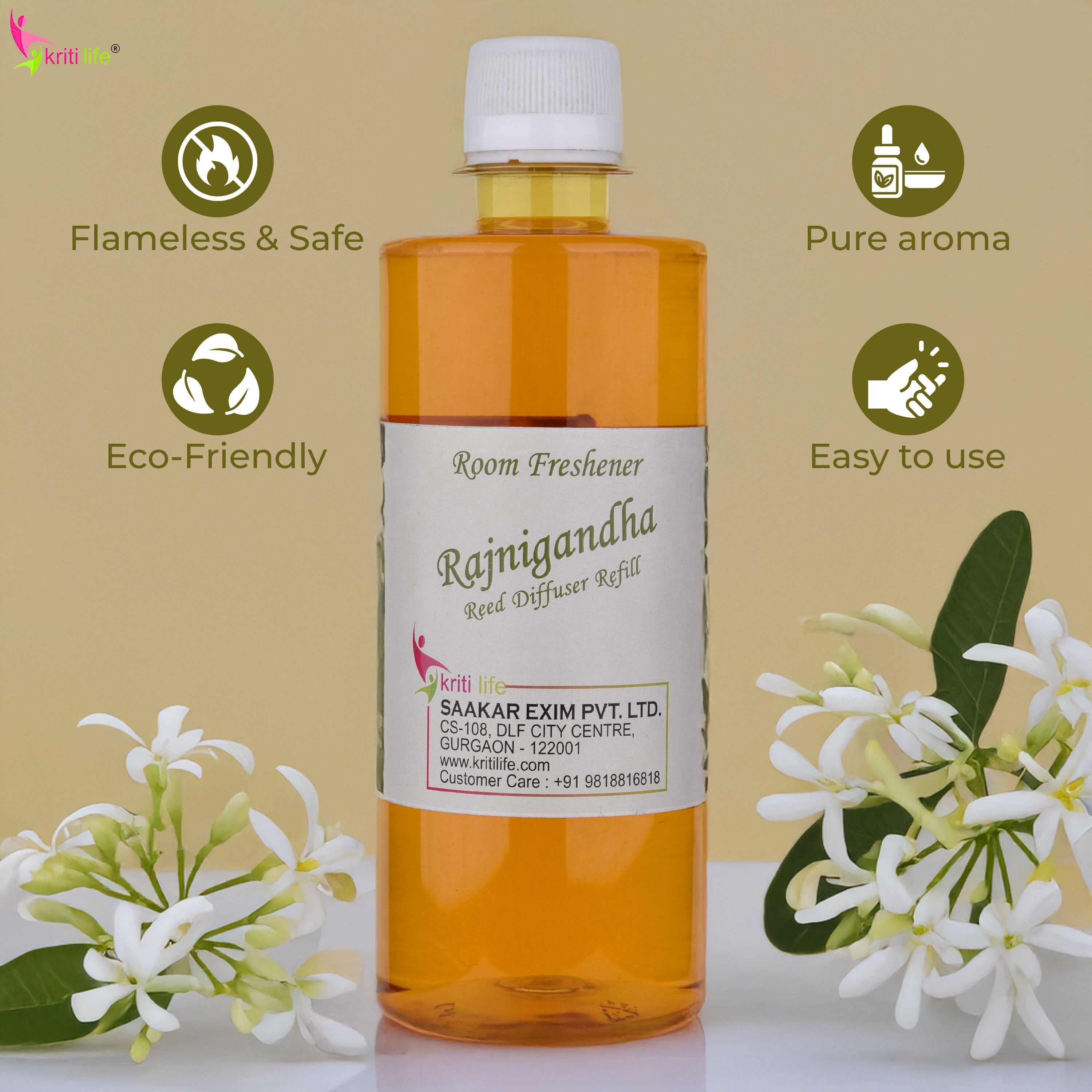 Kriti Life Reed Diffuser Refill - Rajni Gandha 450ML Long-Lasting Room Fragrance