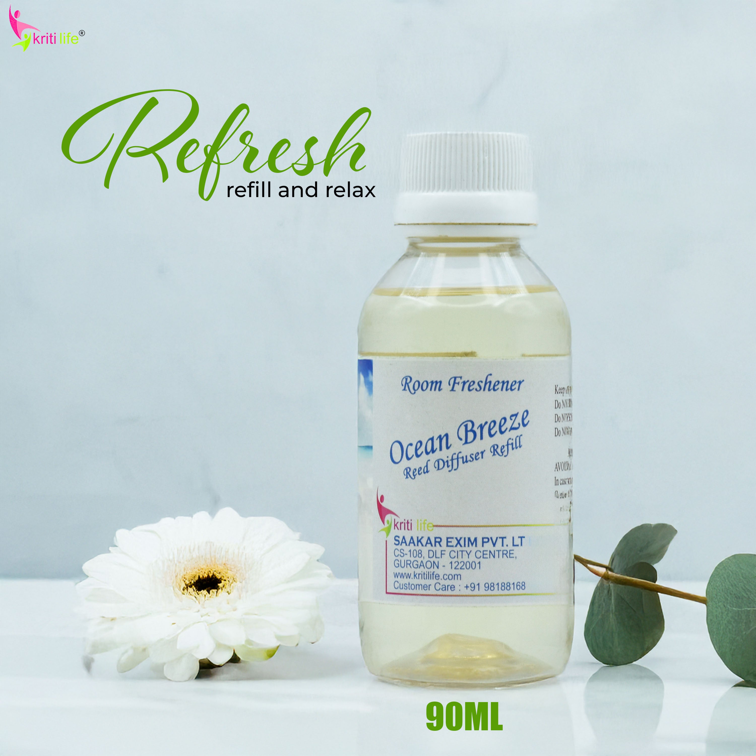 Kriti Life Reed Diffuser Refill - Ocean Breeze 90ML Long-Lasting Room Fragrance