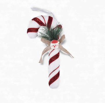 Santa Candy Cane Christmas Hanging Ornament – White & Red Glitter Décor - 7 inch