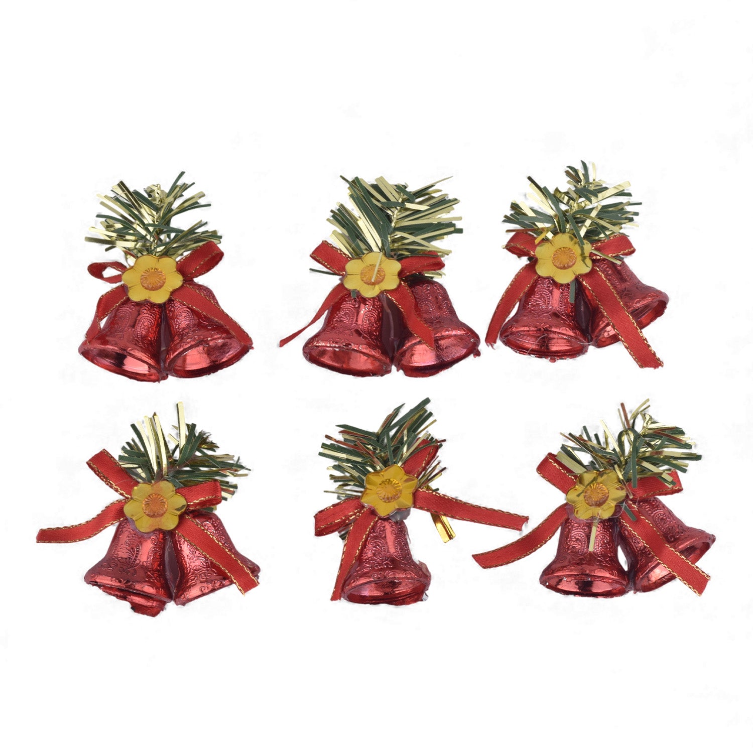 Decorative Christmas Red Double Bell Ornaments – Pack of 6