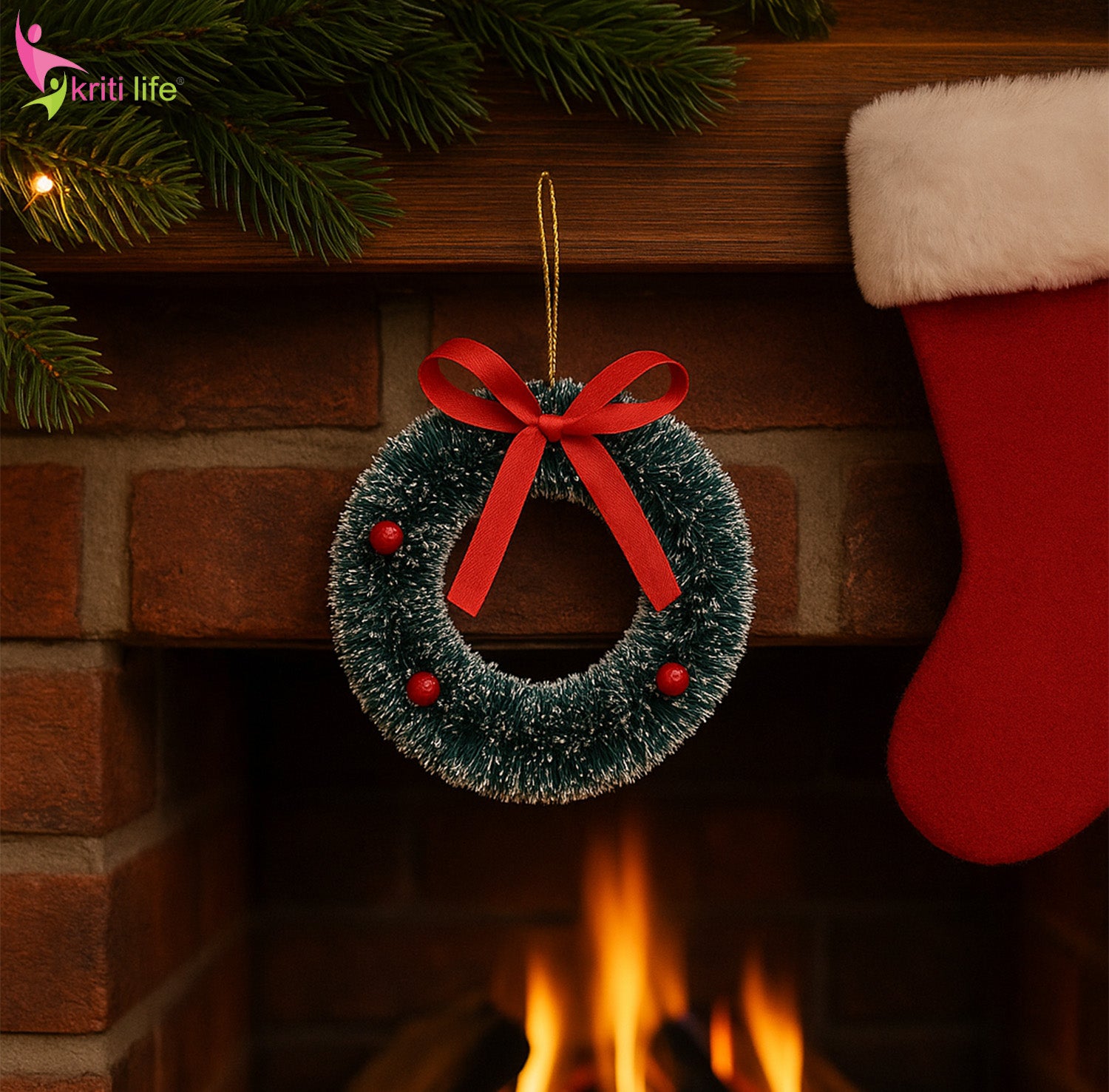 Frosted Christmas Wreath – Snow-Kissed Pine Hanging ( Beige Base)