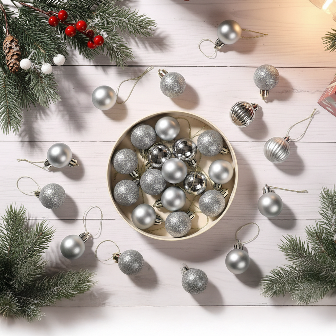Silver Christmas Tree Hanging Balls – Pack of 24 | Glossy & Glitter Ornaments