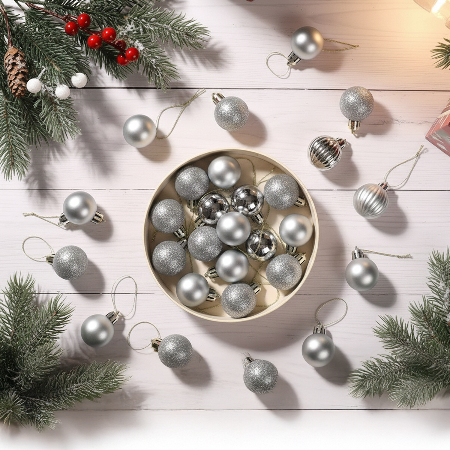Silver Christmas Tree Hanging Balls – Pack of 24 | Glossy & Glitter Ornaments