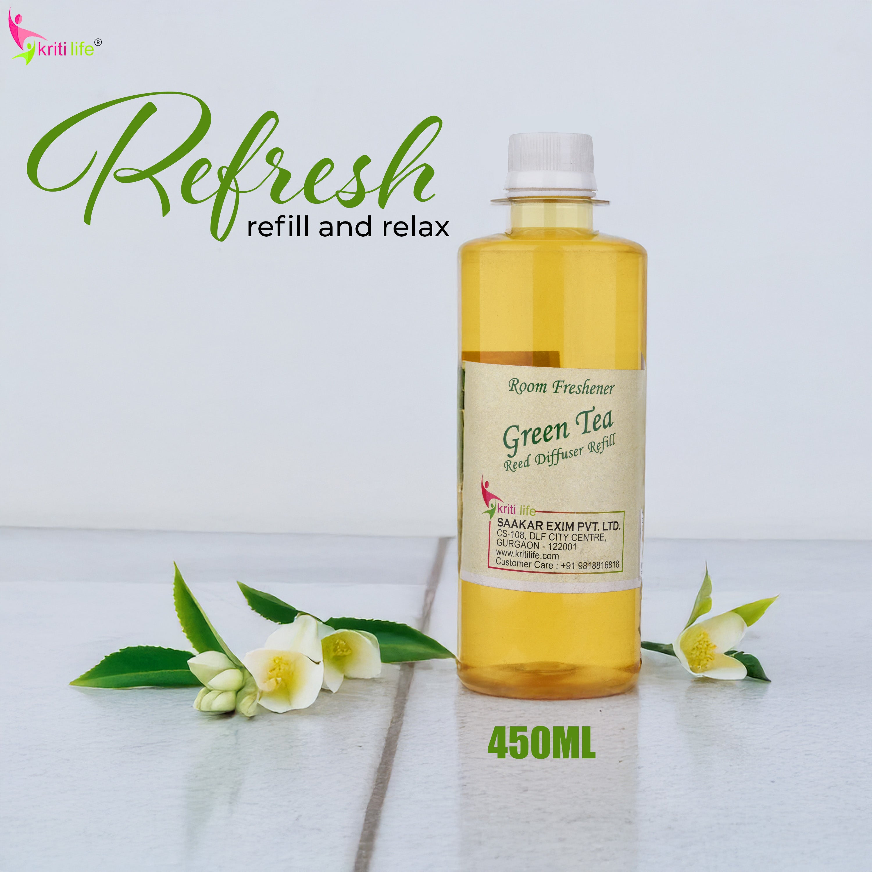 Kriti Life Reed Diffuser Refill - Green Tea 450ML Long-Lasting Room Fragrance