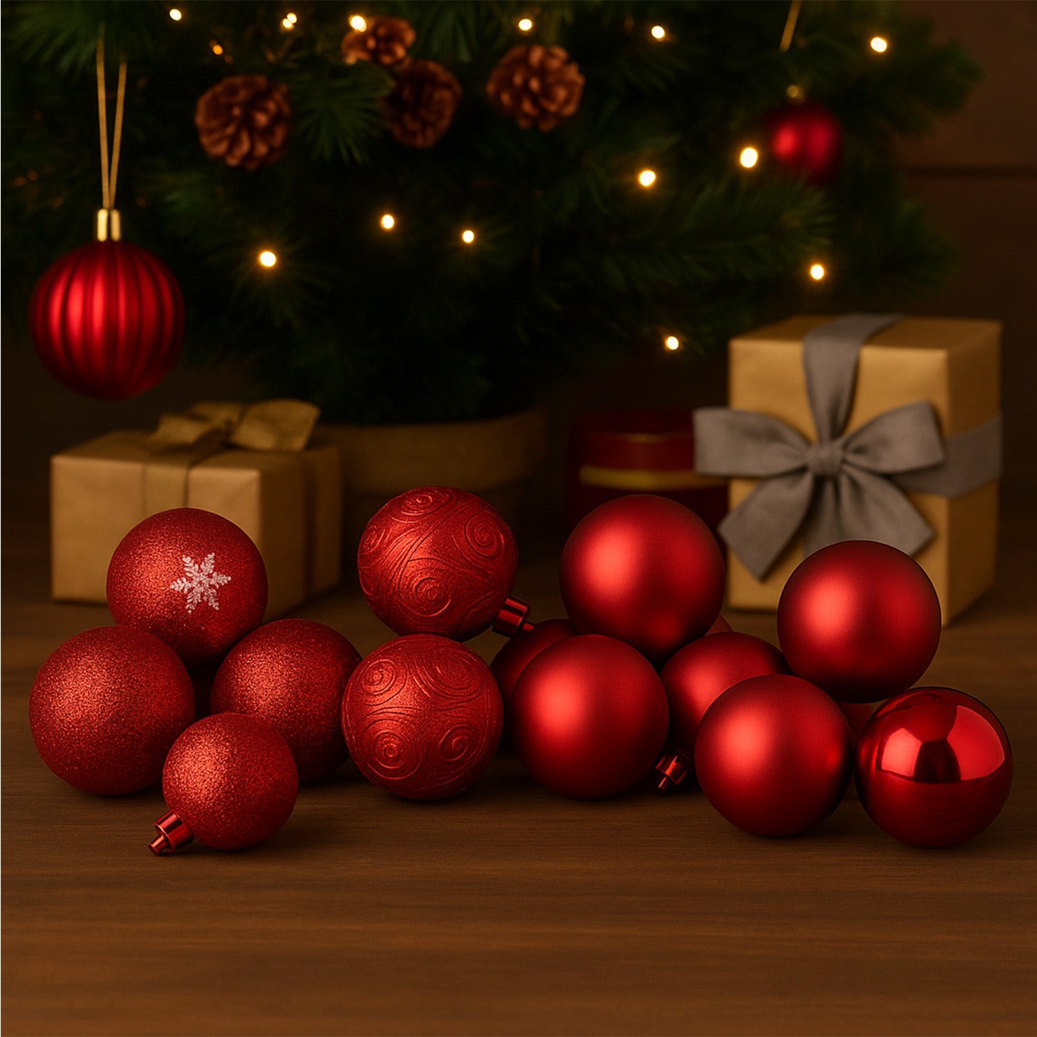 Red Christmas Hanging Balls – Set of 16 (Decor Ornaments)