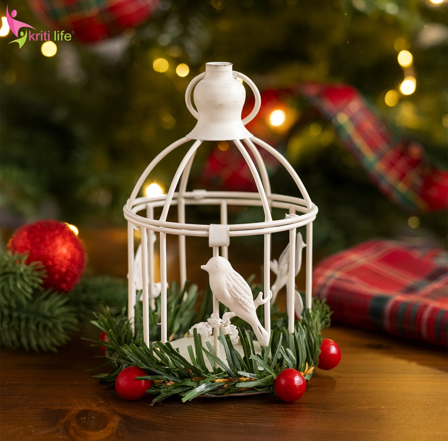 Vintage Christmas Lantern with Birds & Tealight Holder