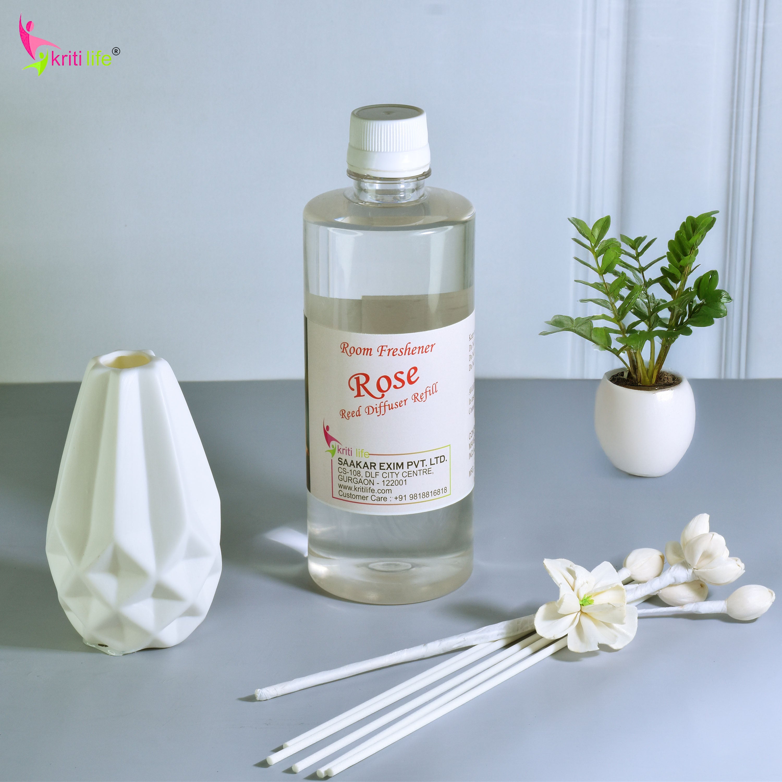 Kriti Life Reed Diffuser Refill - Rose 450ML Long-Lasting Room Fragrance