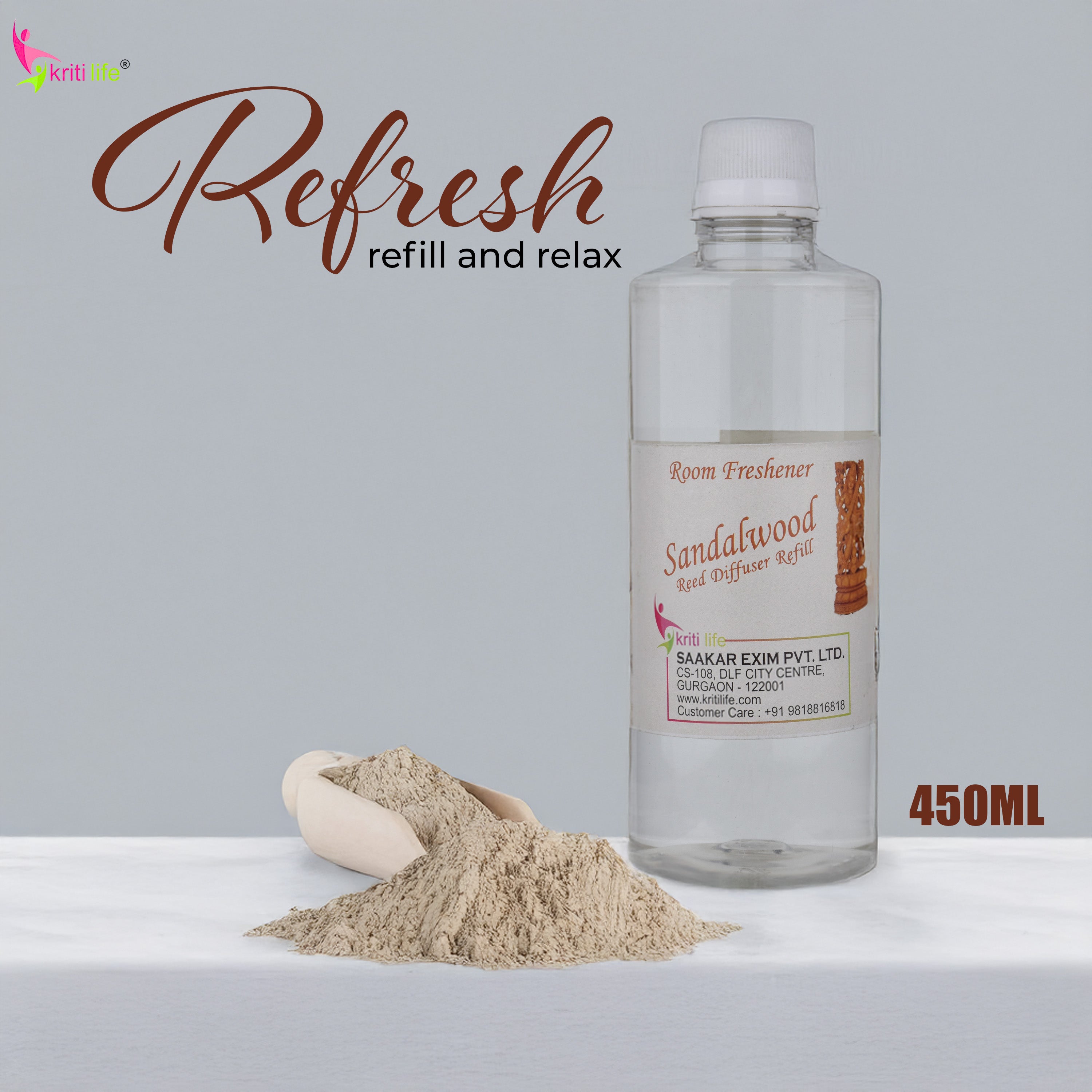 Kriti Life Reed Diffuser Refill - Sandalwood 450ML Long-Lasting Room Fragrance