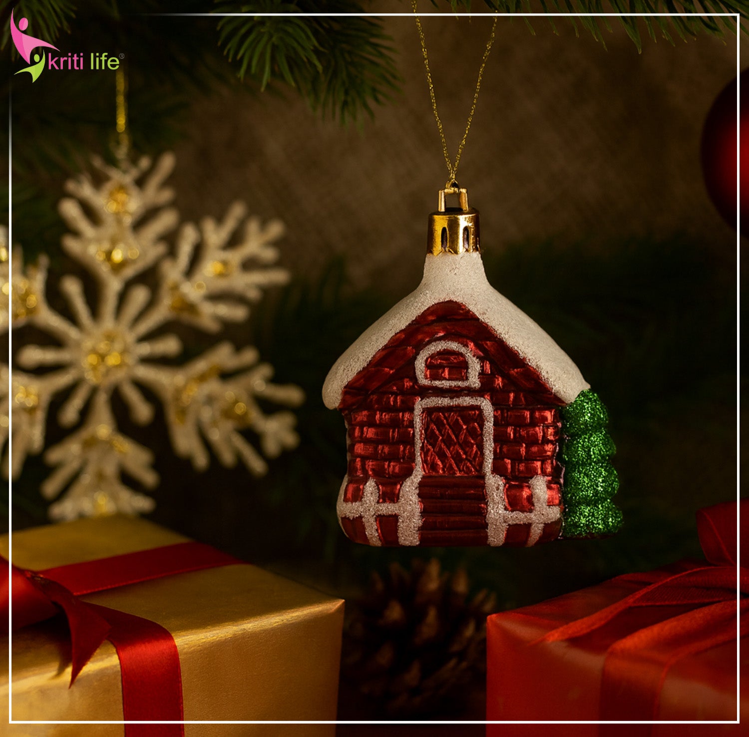 Mini Christmas House Ornament – Red Cabin with Snow & Tree (Set of 2)