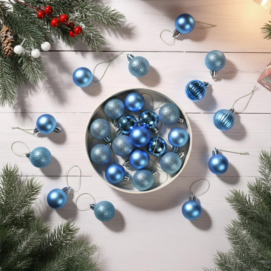 Blue Glossy & Glitter Christmas Tree Hanging Balls – Set of 24 | Festive Ornaments