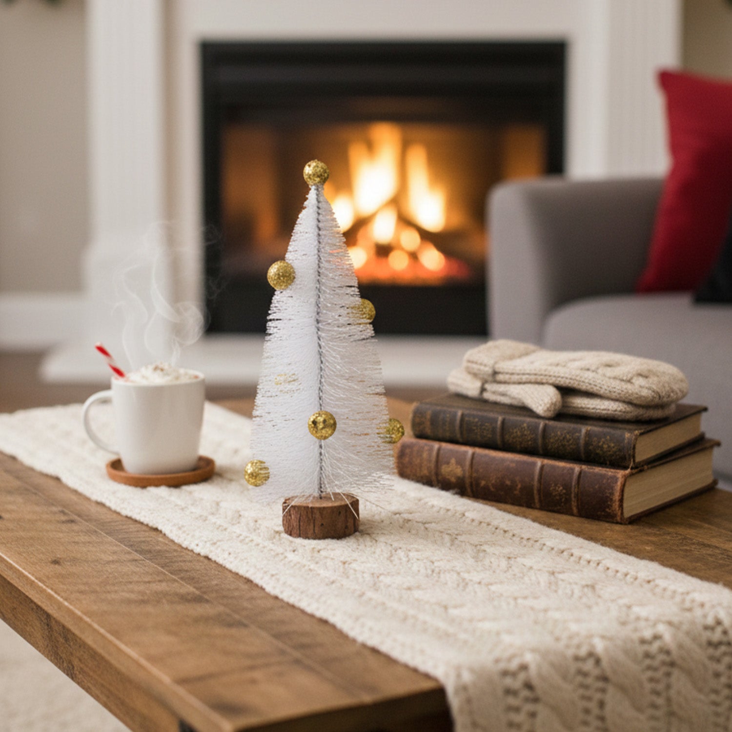 Mini White Table Christmas Tree with Golden Balls – 20 cm | Wooden Base