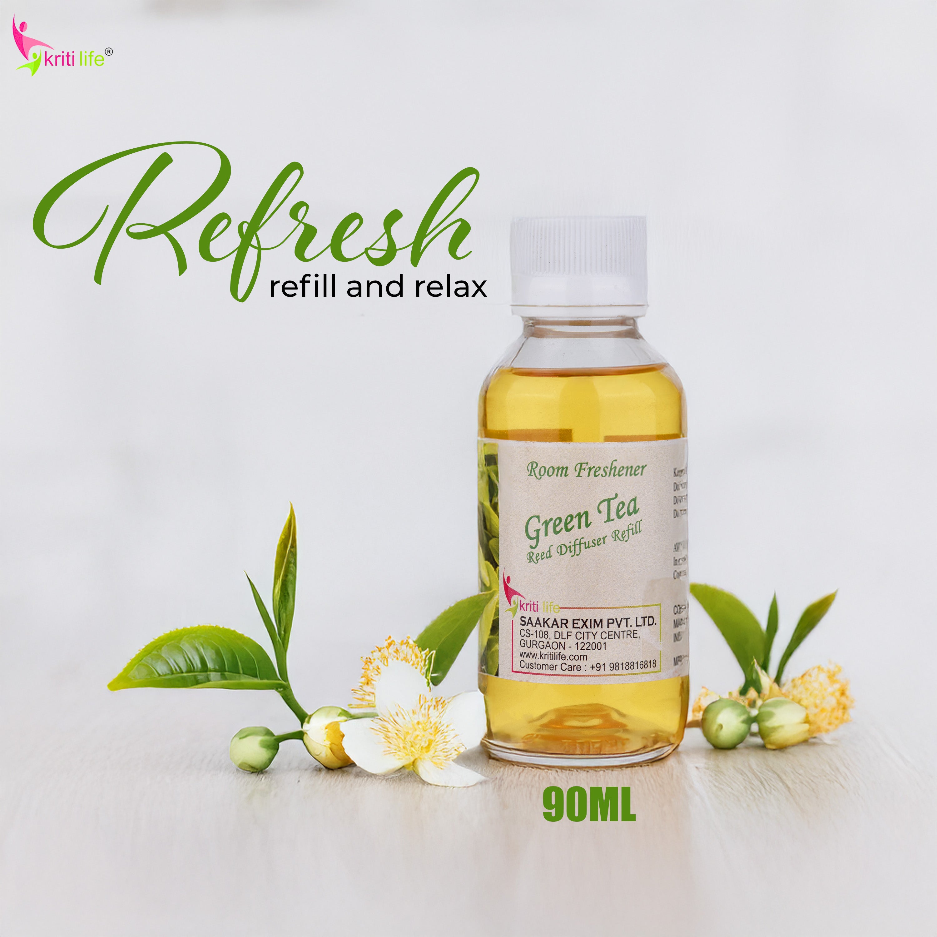 Kriti Life Reed Diffuser Refill - Green Tea 90ML Long-Lasting Room Fragrance