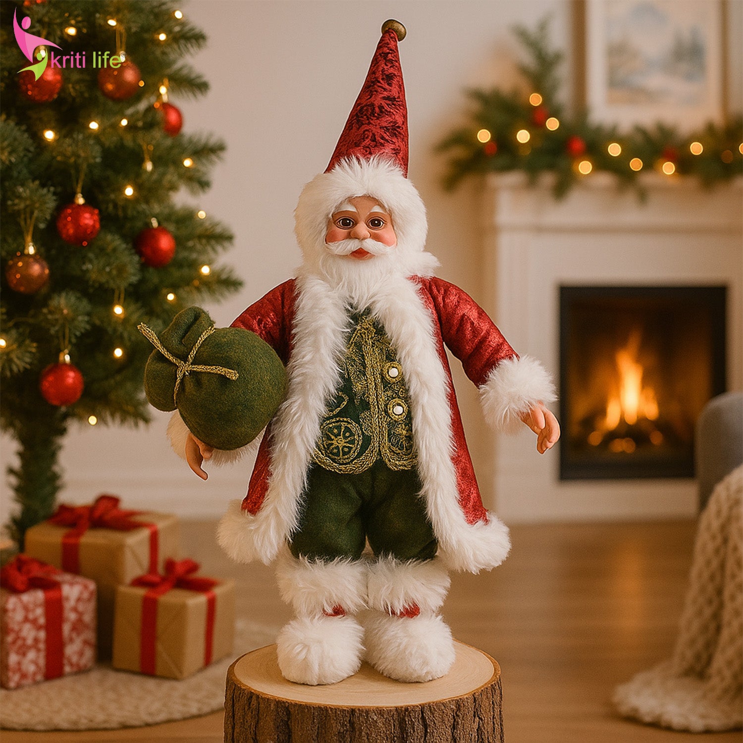 Premium Standing Santa Claus Doll with Velvet Coat & Gift Bag (42 cm)