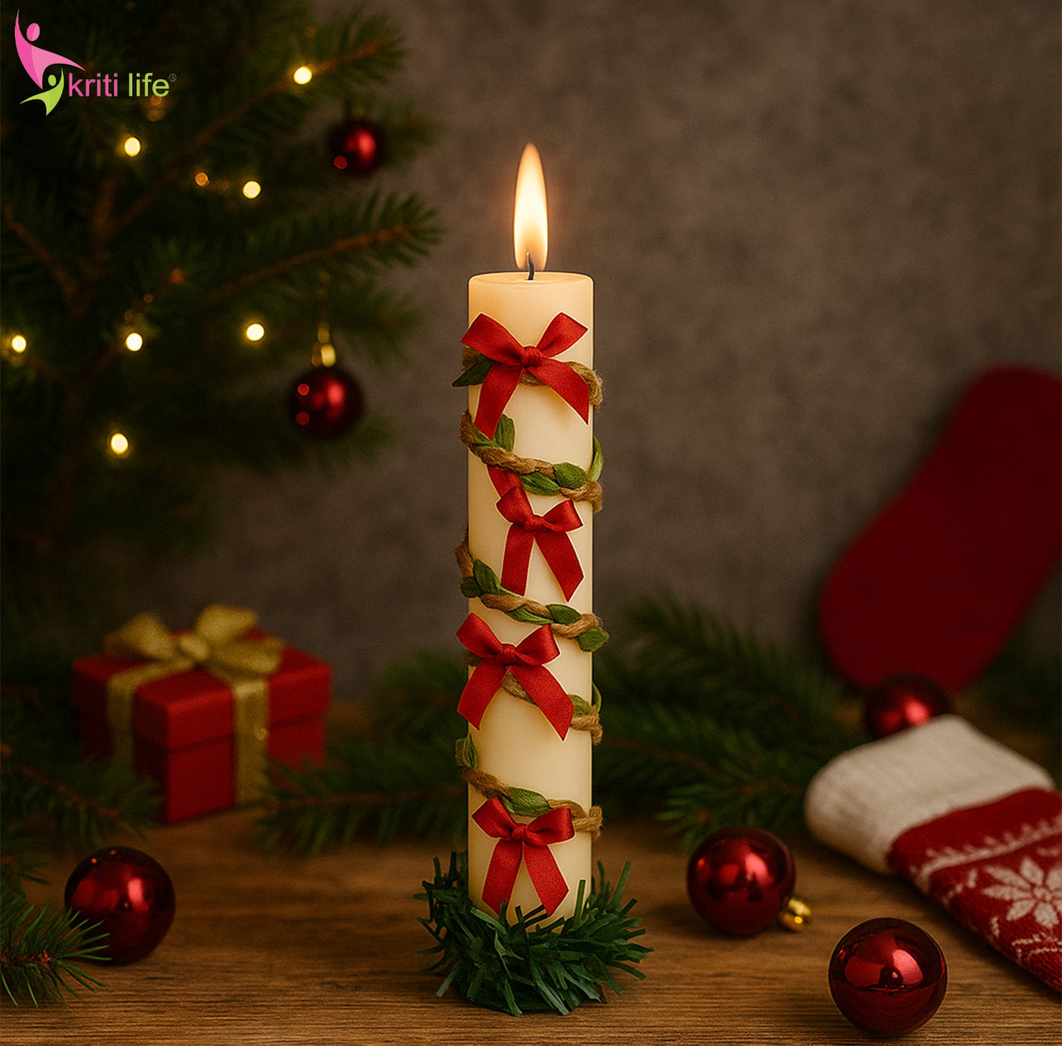 Electric Light-Up Christmas Candle with Decorative Red Bow & Wreath Base