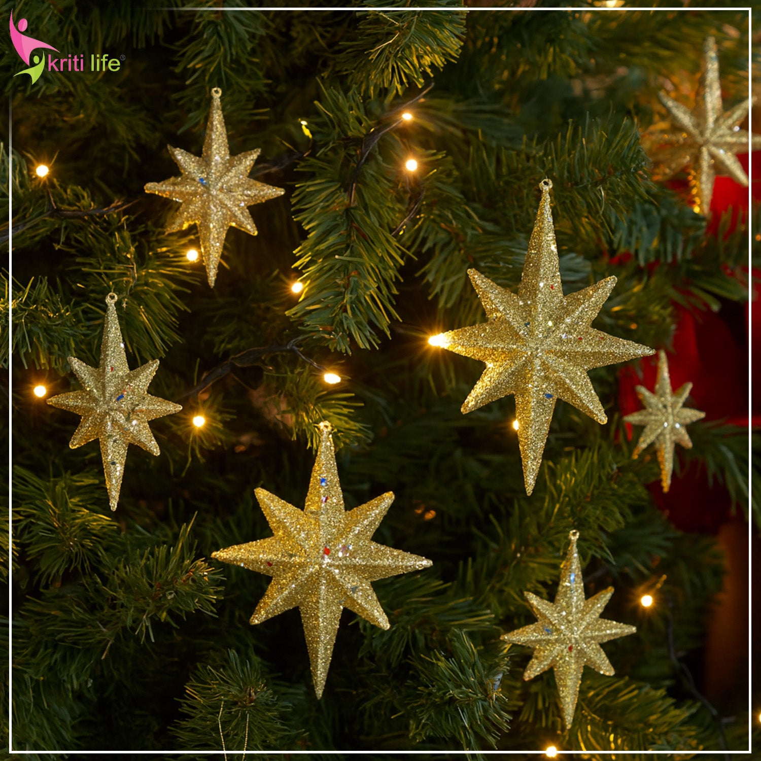 Golden Glitter Star Christmas Hanging Ornaments – Pack of 6