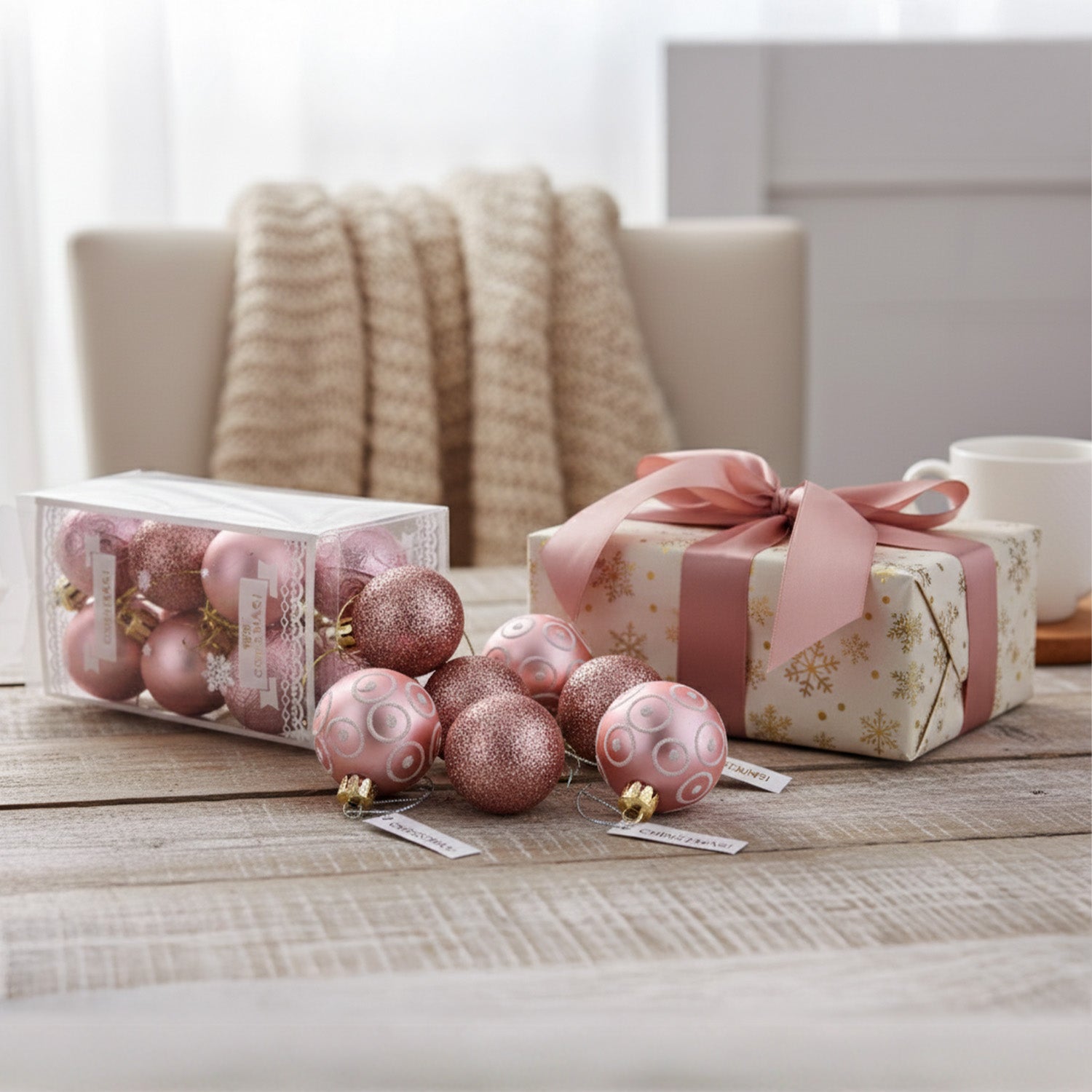 Pink Christmas Tree Hanging Balls – Set of 16 (Beige Pink Collection)