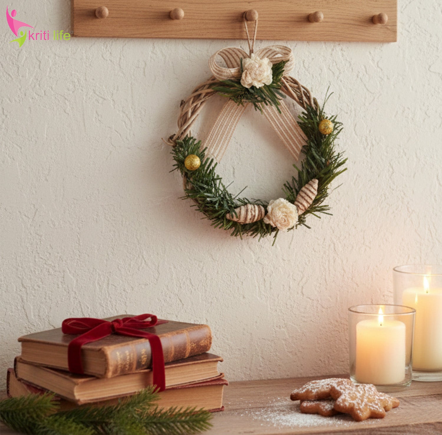 Rustic Beige Christmas Wreath – Natural Twig & Cream Floral (Set of 2)