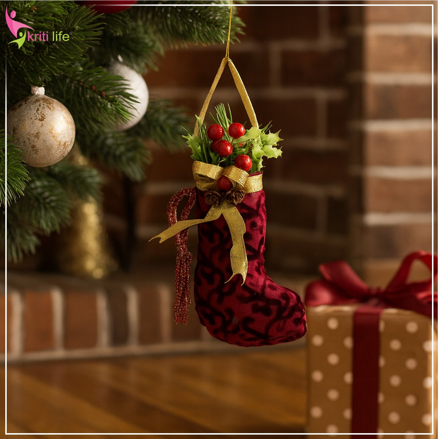 Velvet Christmas Stocking Hanging Ornament – Red & Gold Décor - 8 inch