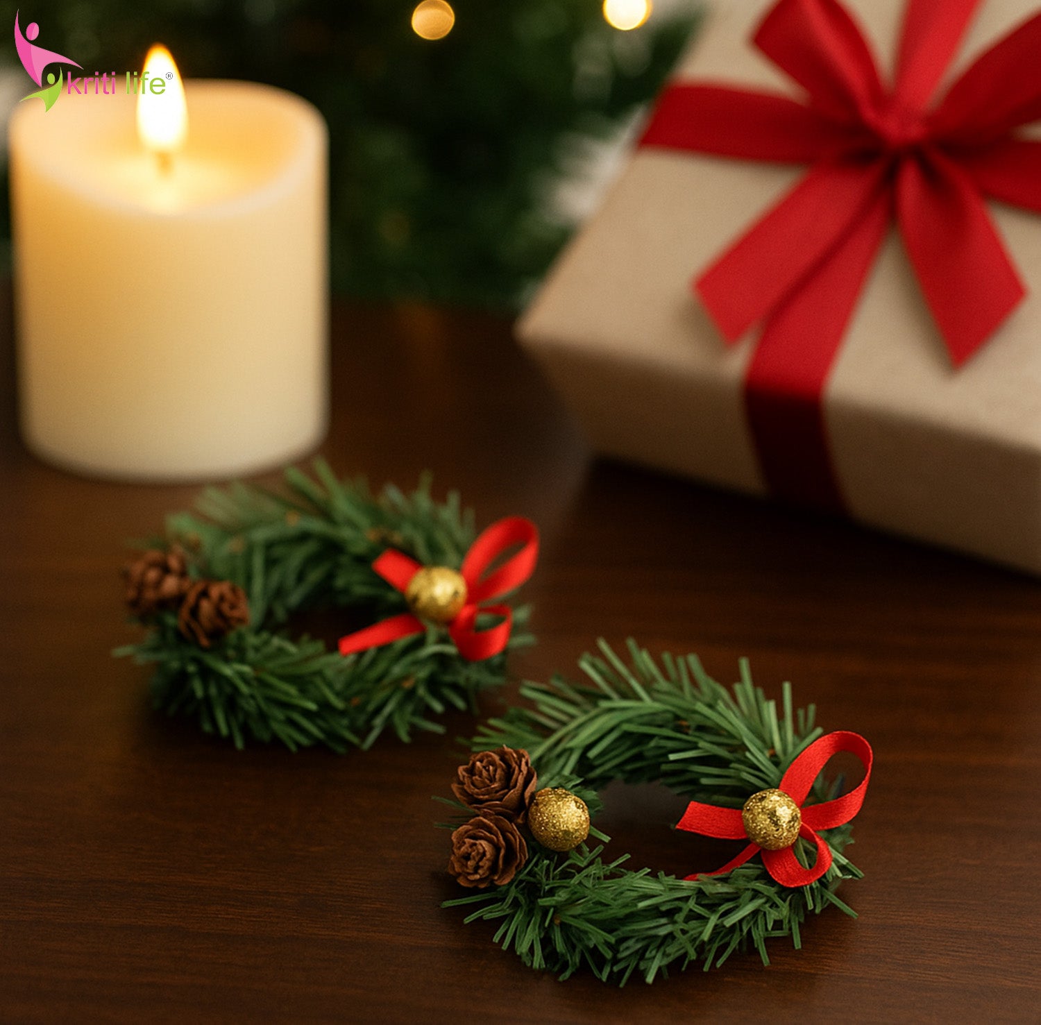 Mini Christmas Pine Wreath – Set of 2 (Beige Base, Festive Decor)