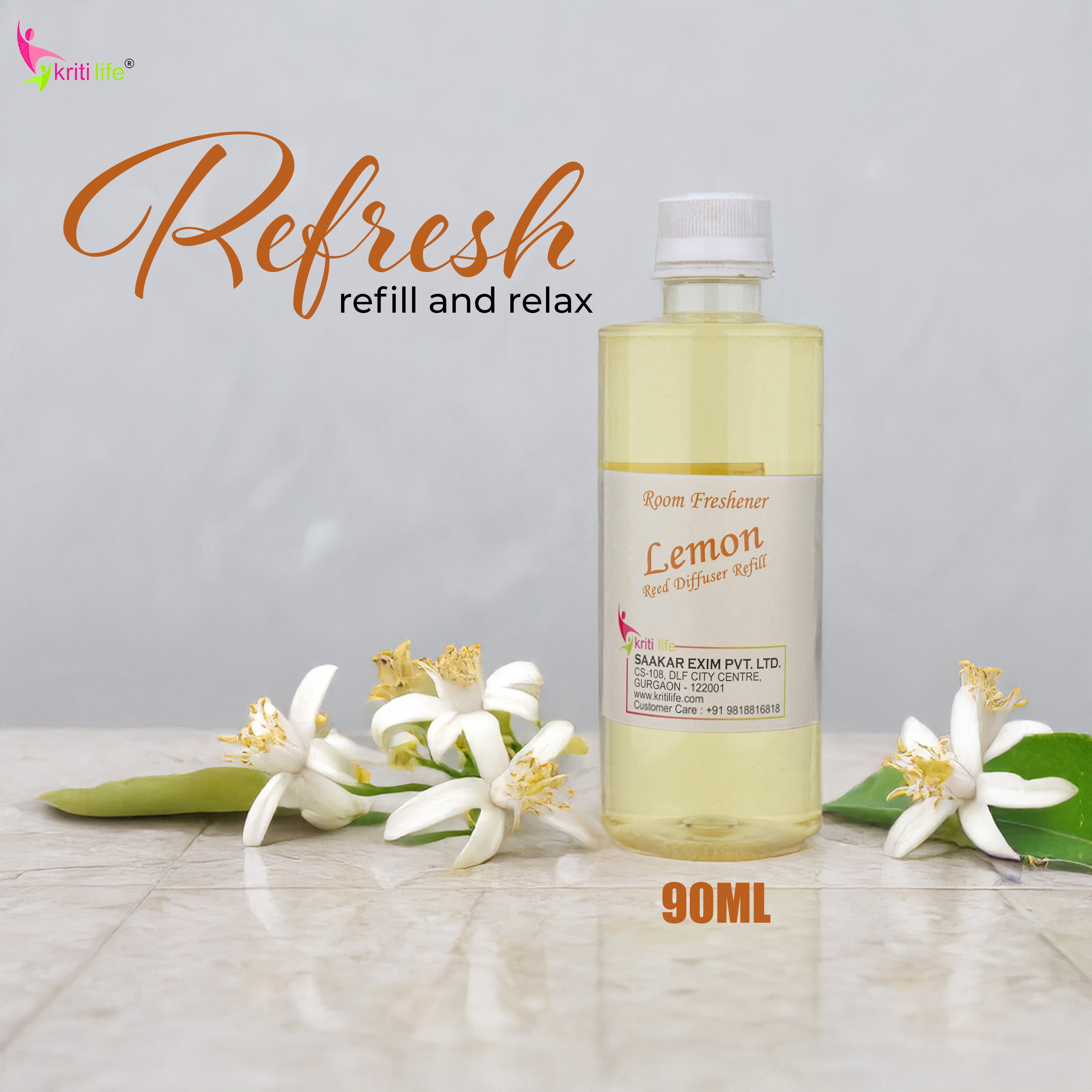 Kriti Life Reed Diffuser Refill - Lemon 450ML Long-Lasting Room Fragrance