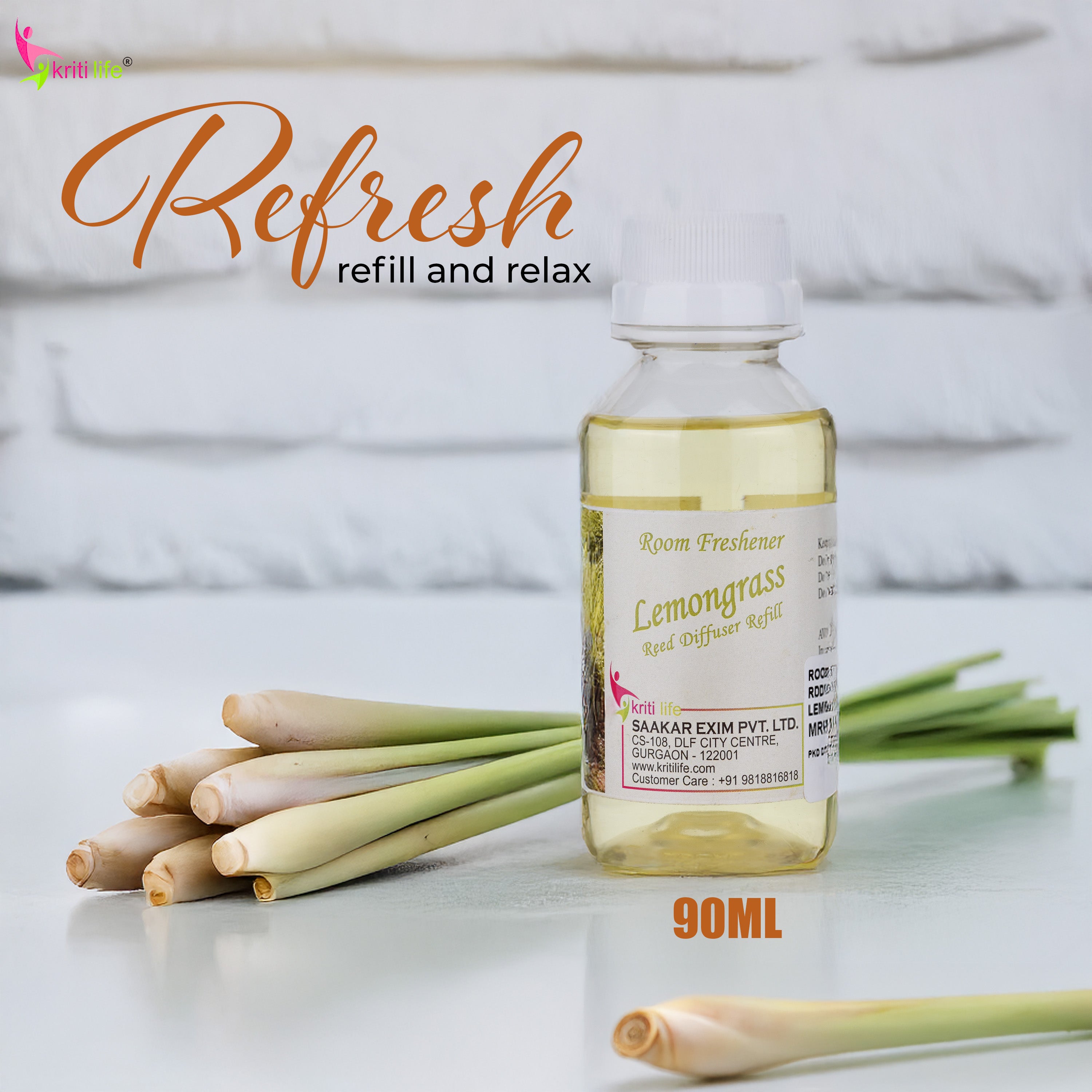 Kriti Life Reed Diffuser Refill - Lemon Grass 90ML Long-Lasting Room Fragrance