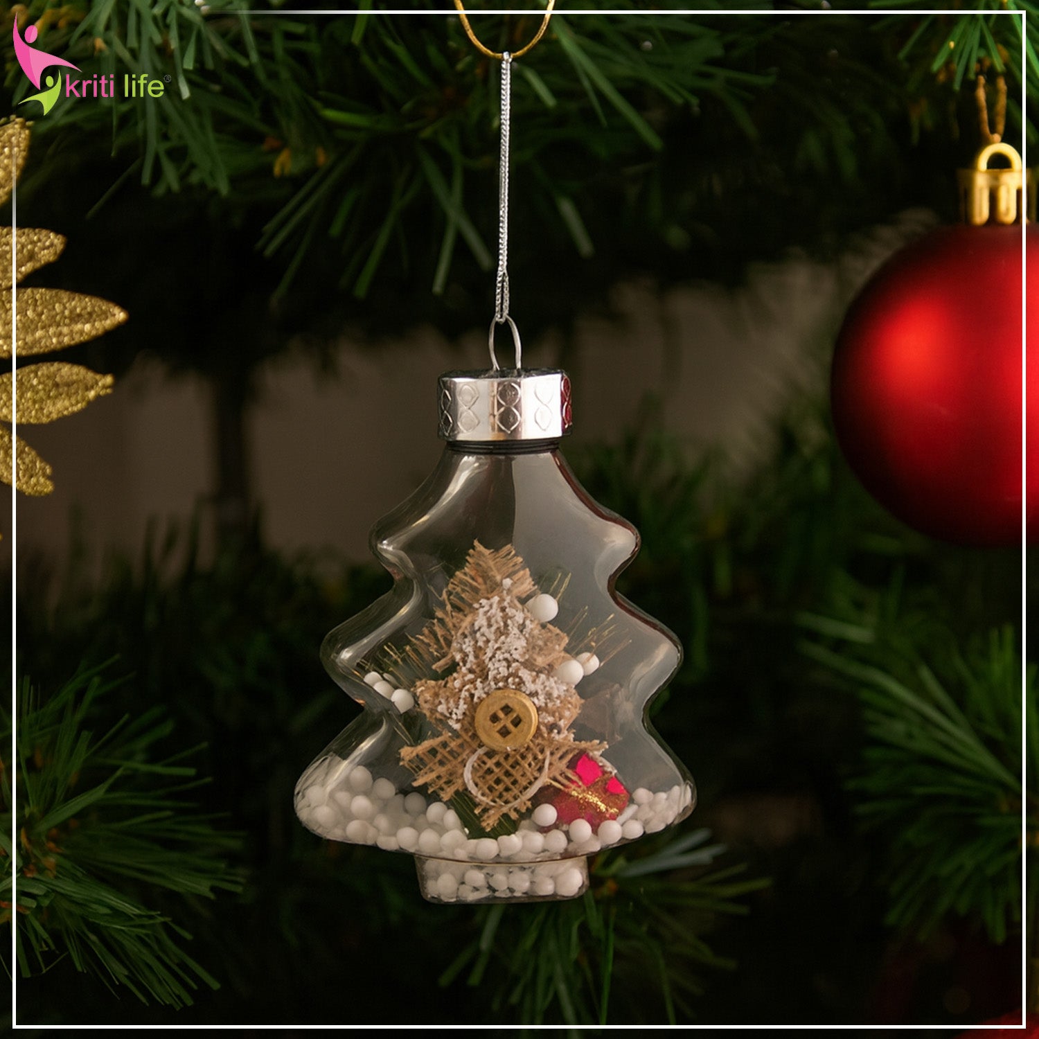 Christmas Tree-Shaped Hanging Ornament with Mini Snow Décor - 4 inch