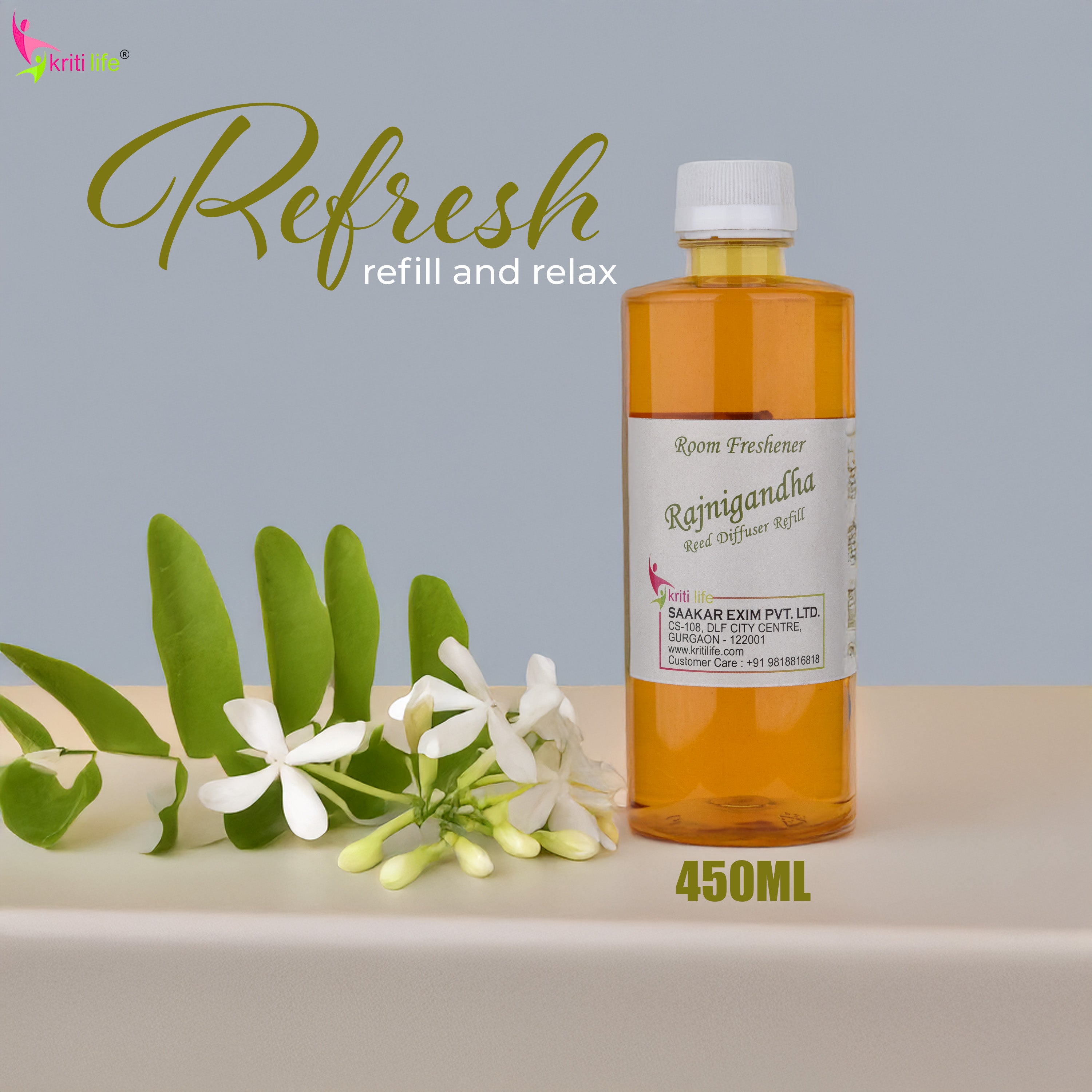 Kriti Life Reed Diffuser Refill - Rajni Gandha 450ML Long-Lasting Room Fragrance