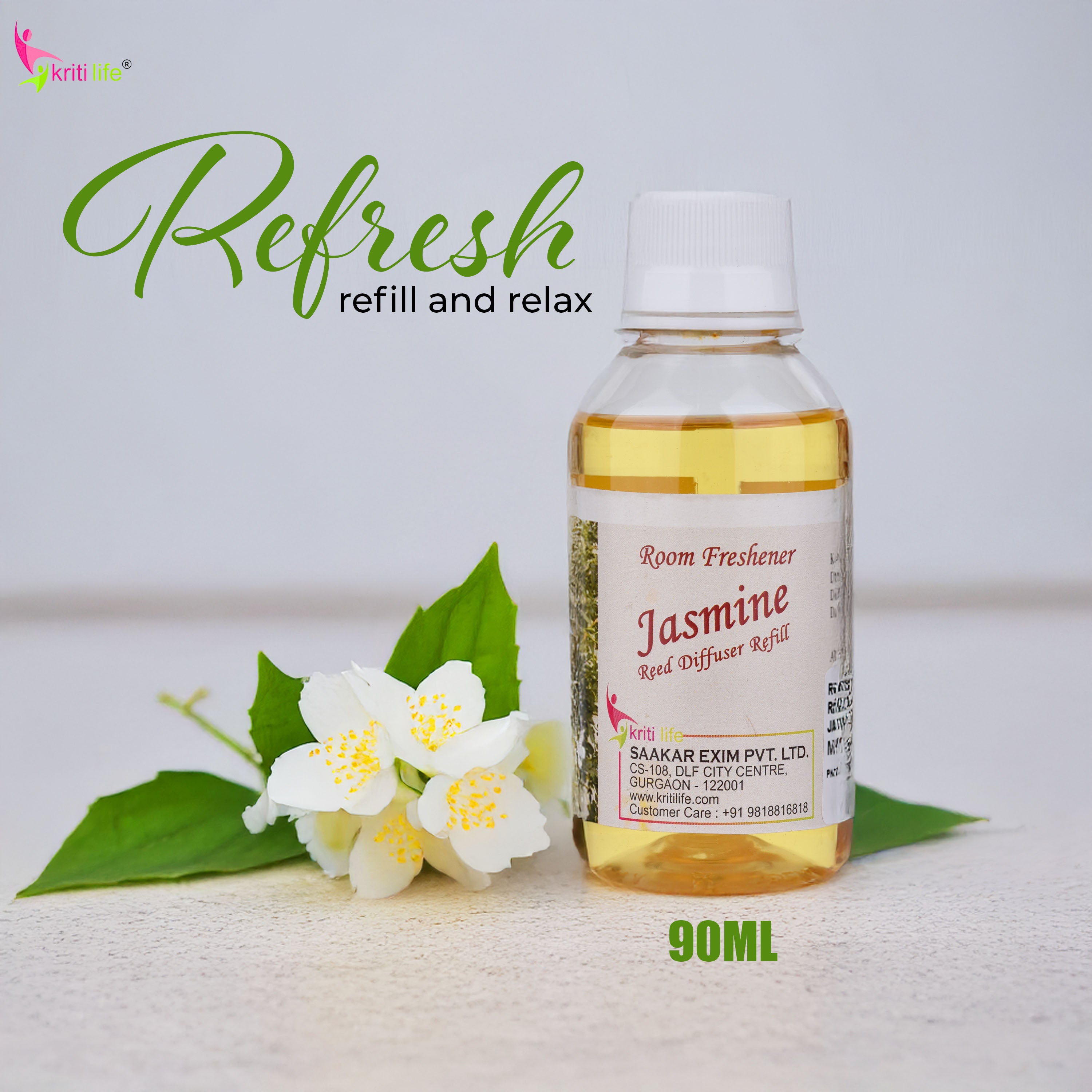 Kriti Life Reed Diffuser Refill - Jasmine 90ML Long-Lasting Room Fragrance