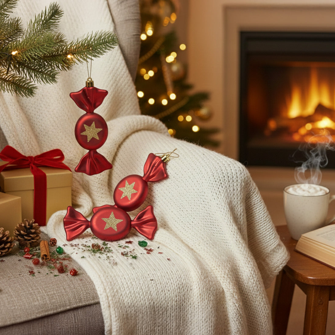 Red Candy Christmas Tree Hanging Ornament – Set of 3 | Festive Glitter Star Decor