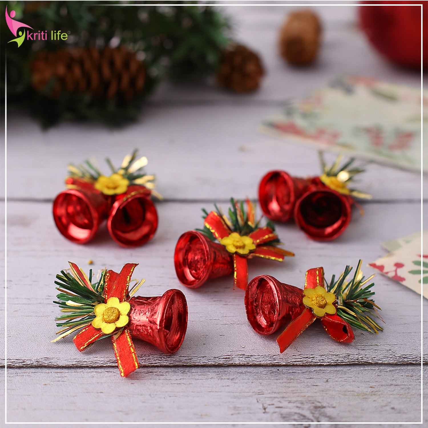 Decorative Christmas Red Double Bell Ornaments – Pack of 6