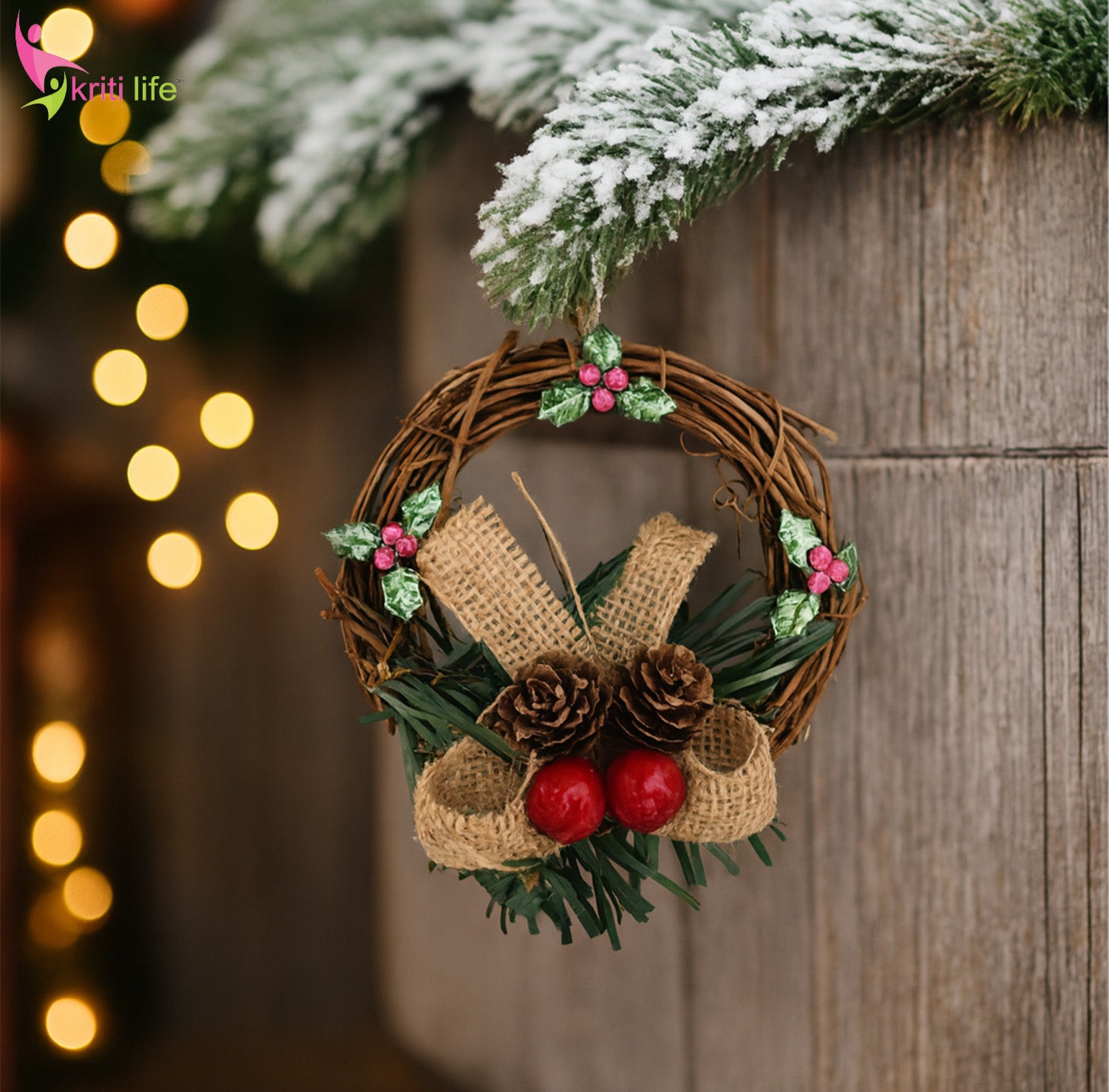 Rustic Christmas Twig Wreath with Pinecones & Berries