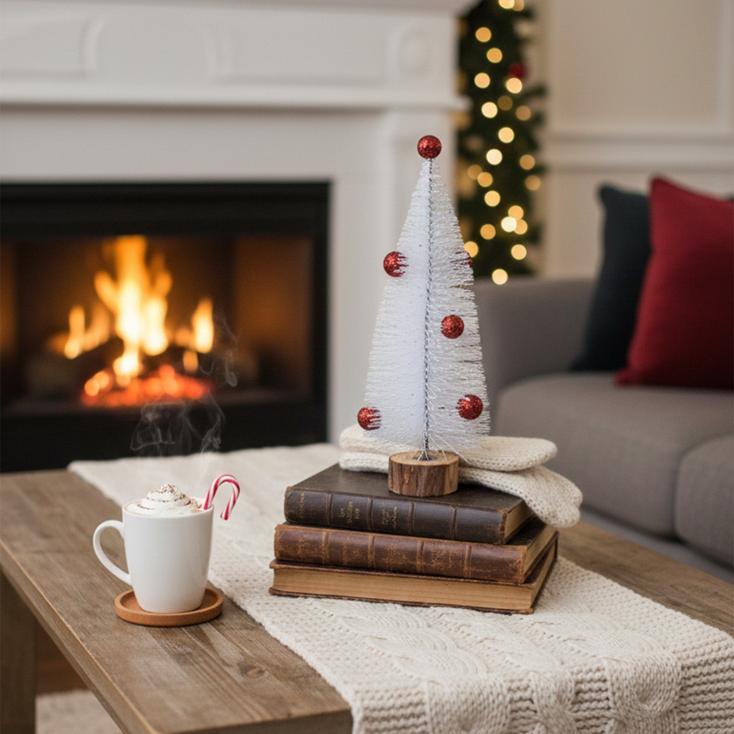 Mini White Table Christmas Tree with Red Balls – 20 cm | Wooden Base