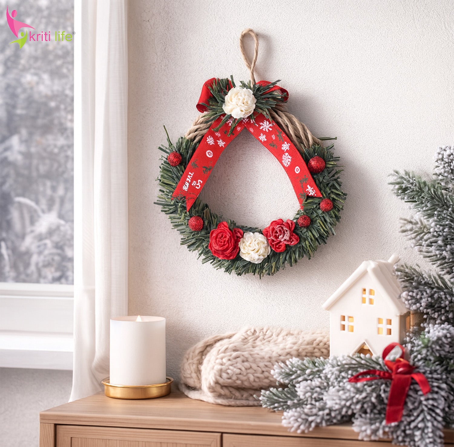 Christmas Floral Wreath – Festive Hanging Décor (Beige & Red)