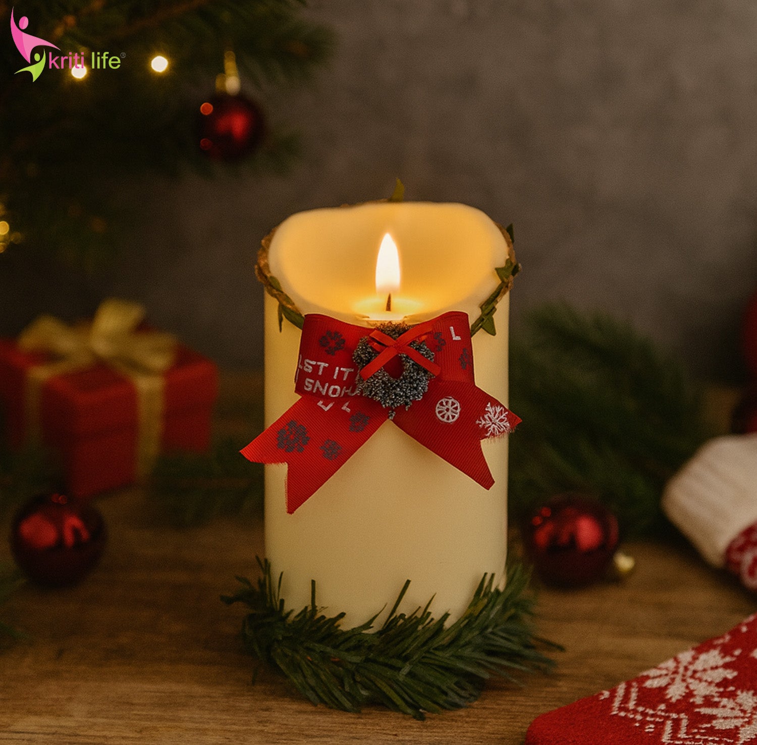 Beige Flameless LED Candle with Red Bow & Mini Wreath Base