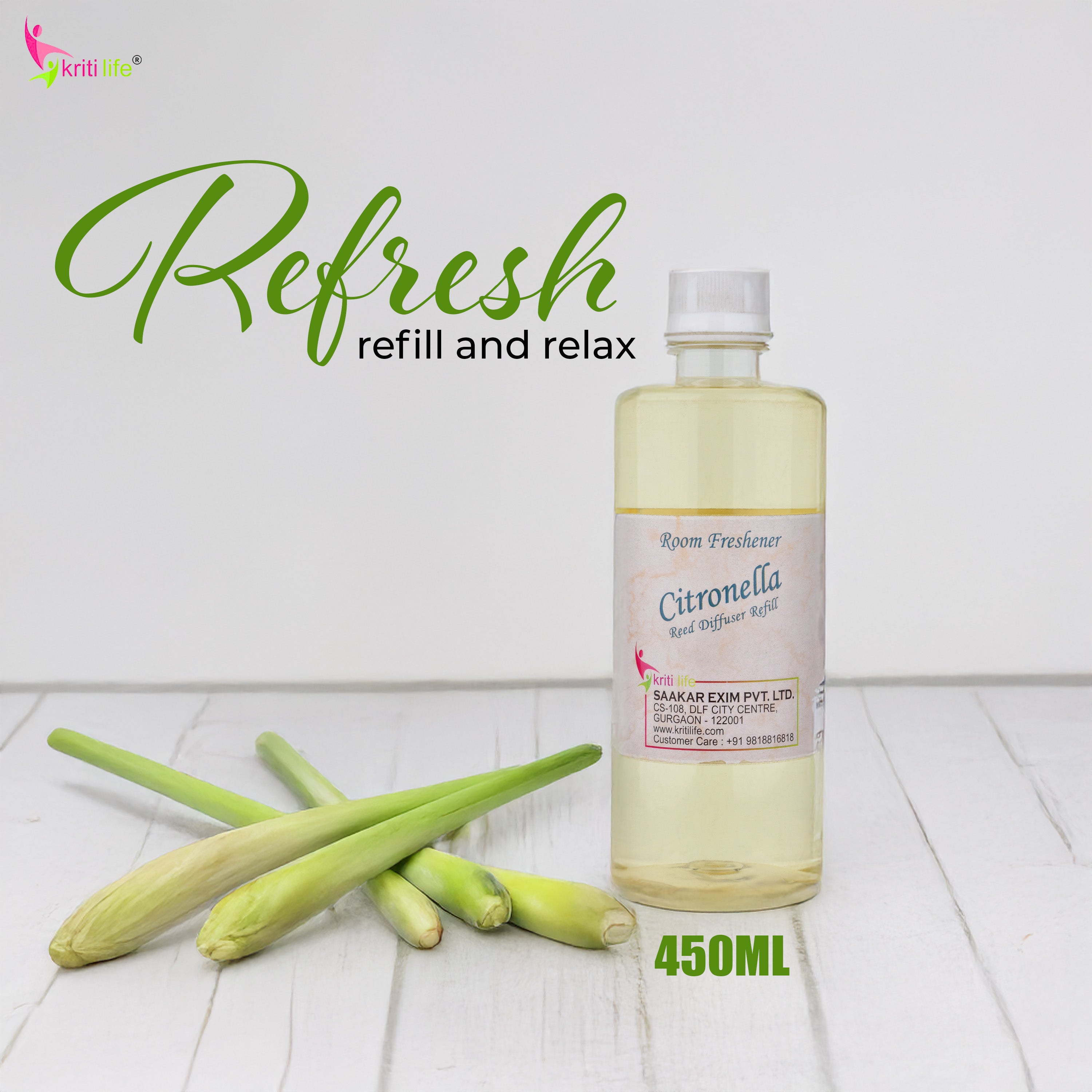 Kriti Life Reed Diffuser Refill - Citronella 450ML Long-Lasting Room Fragrance