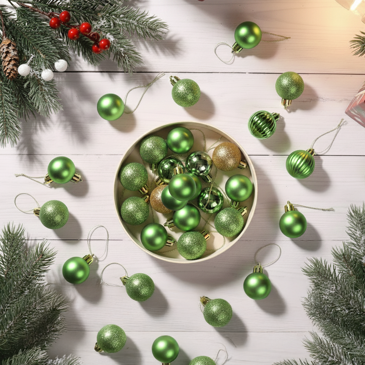 Green Christmas Tree Hanging Balls – Pack of 24 | Glossy, Matte & Glitter Ornaments