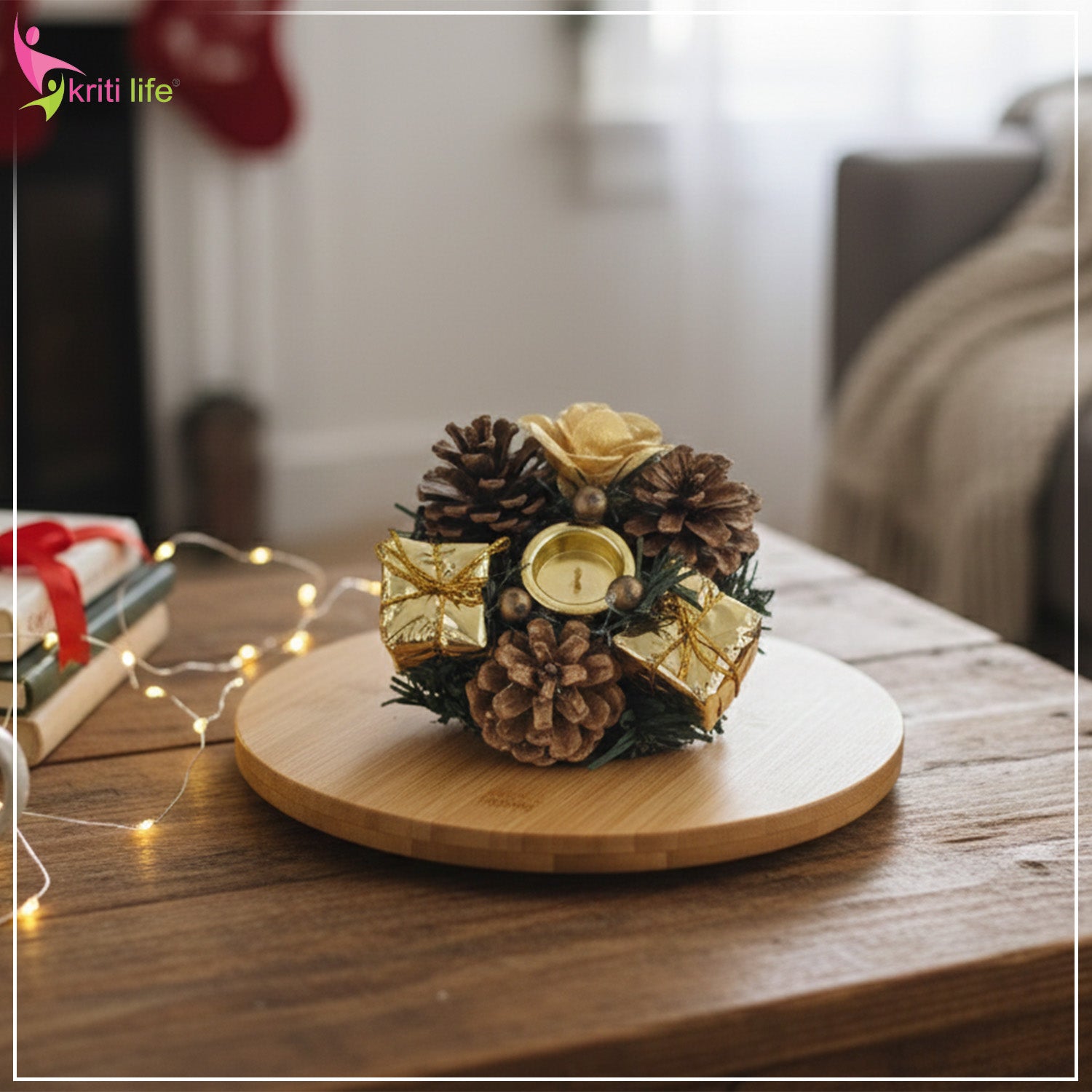 Festive Pinecone Candle Ring Decor – Golden Gift Theme -  4 inch