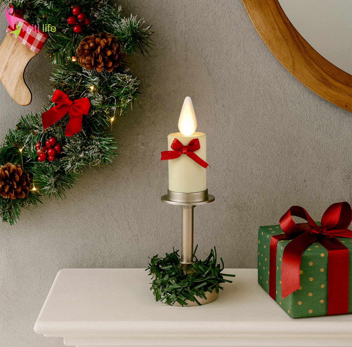 Electric LED Candle with Metal Stand – Beige (On/Off Base Switch)