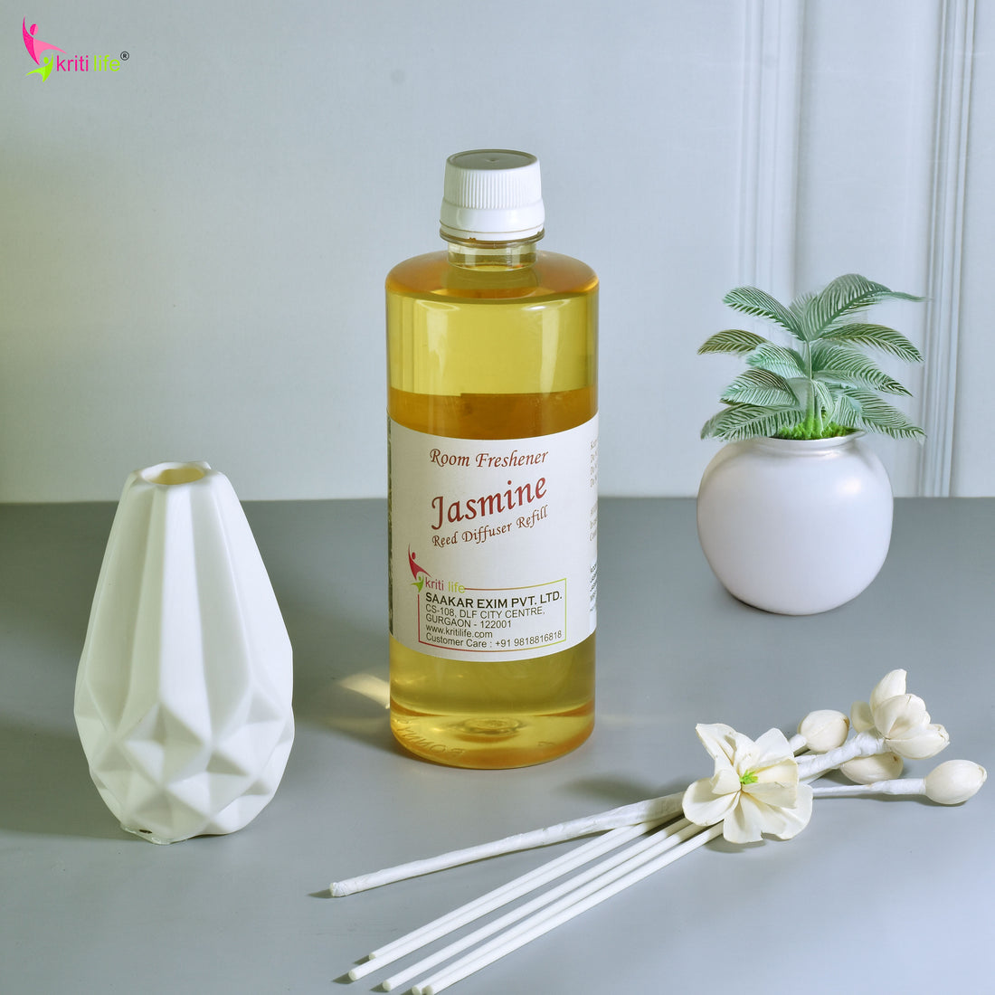 Kriti Life Reed Diffuser Refill - Jasmine 450ML Long-Lasting Room Fragrance