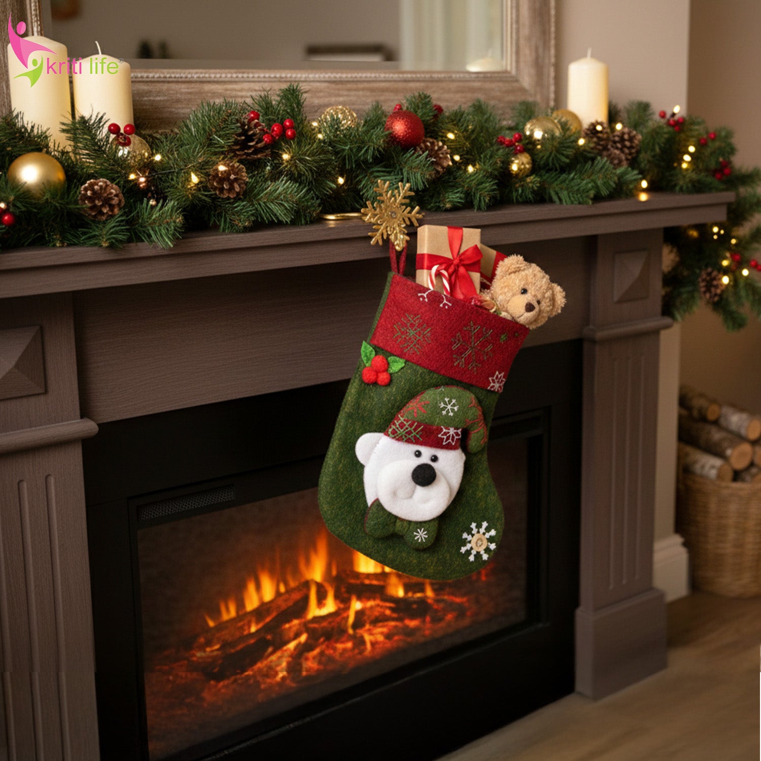 Christmas Bear Stocking – Cute Green Hanging Decoration for Gifts