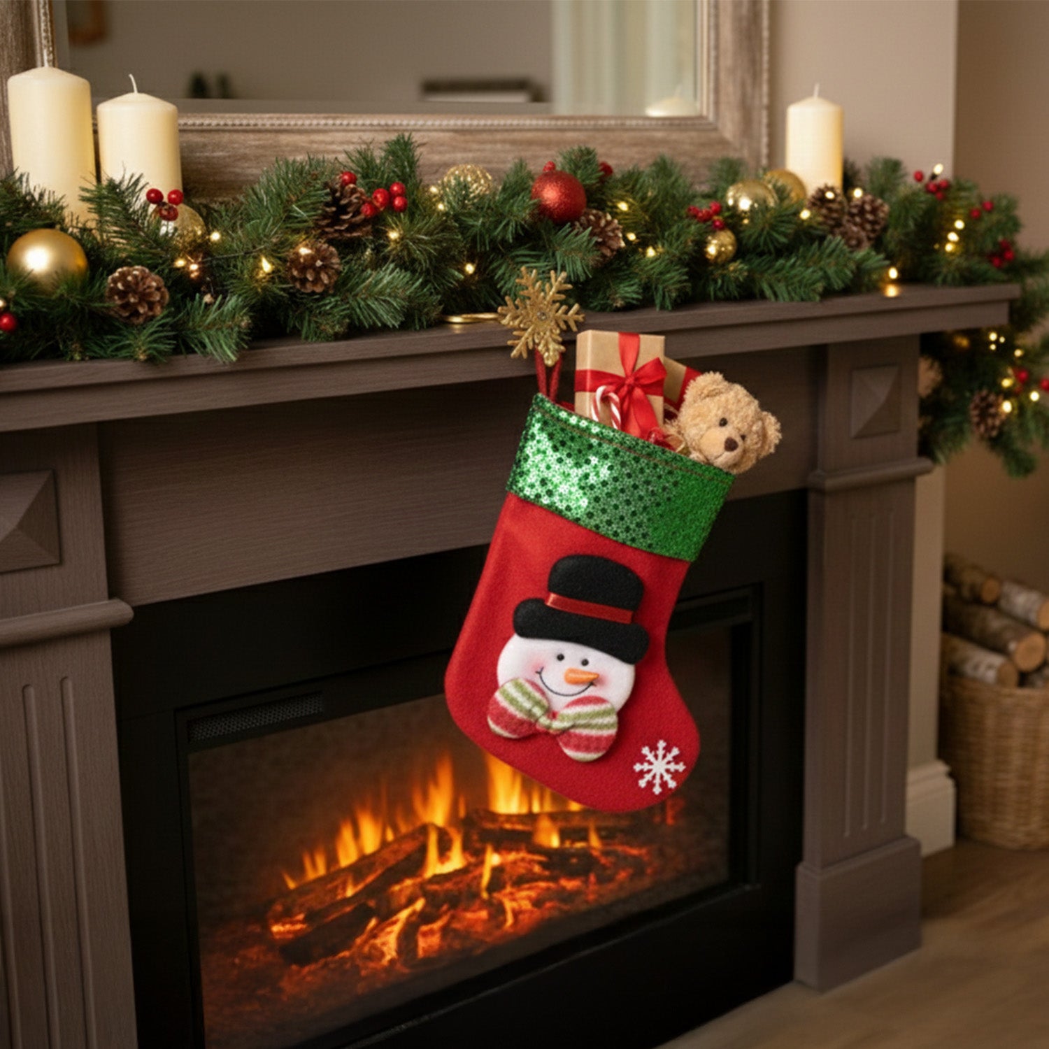 Snowman Christmas Stocking with Green Sequin Top – Premium Xmas Hanging Décor