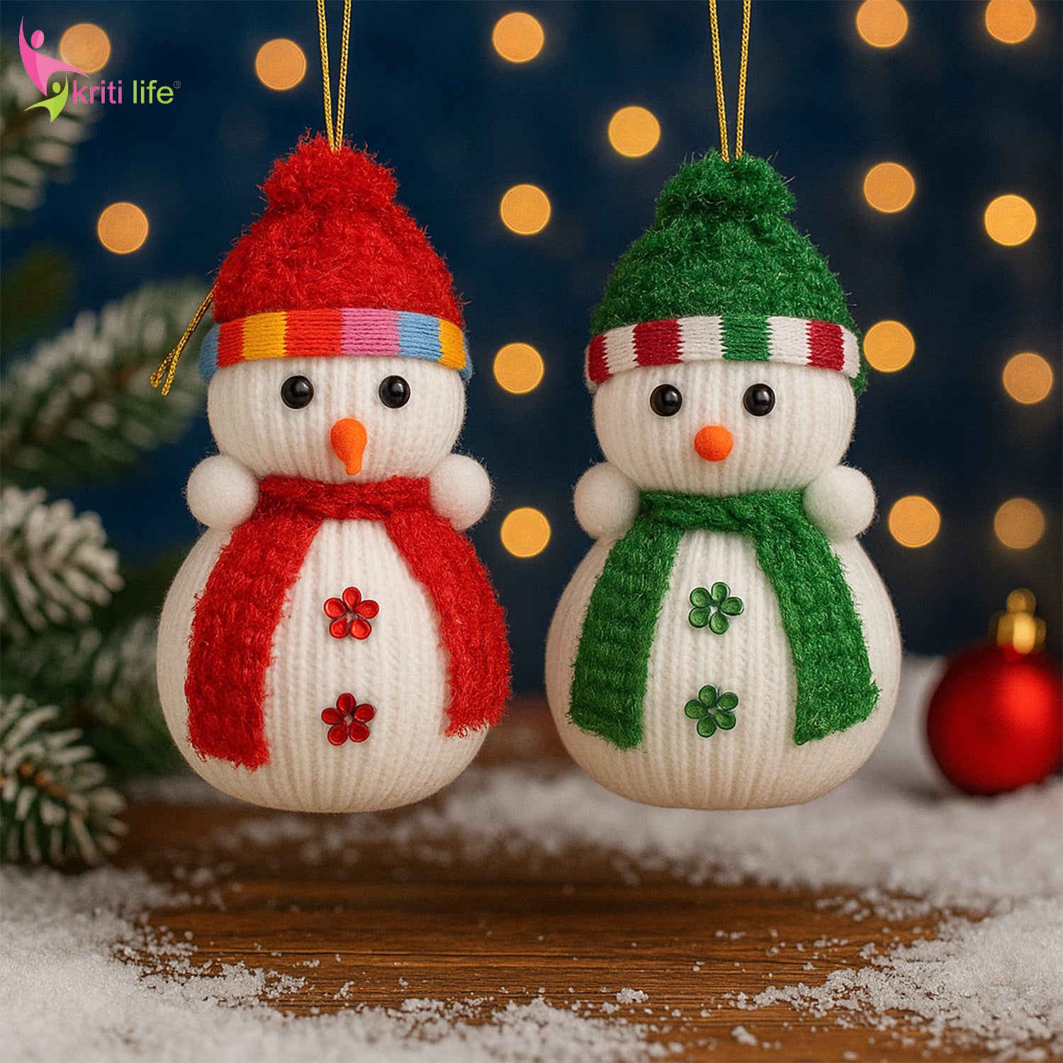 Cute Christmas Snowman Hanging Ornaments – Red & Green (Set of 2)