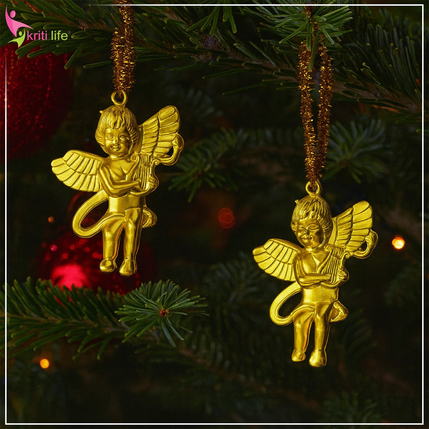 Golden Angel Christmas Hanging Ornaments – Pack of 2 (3 Inches)