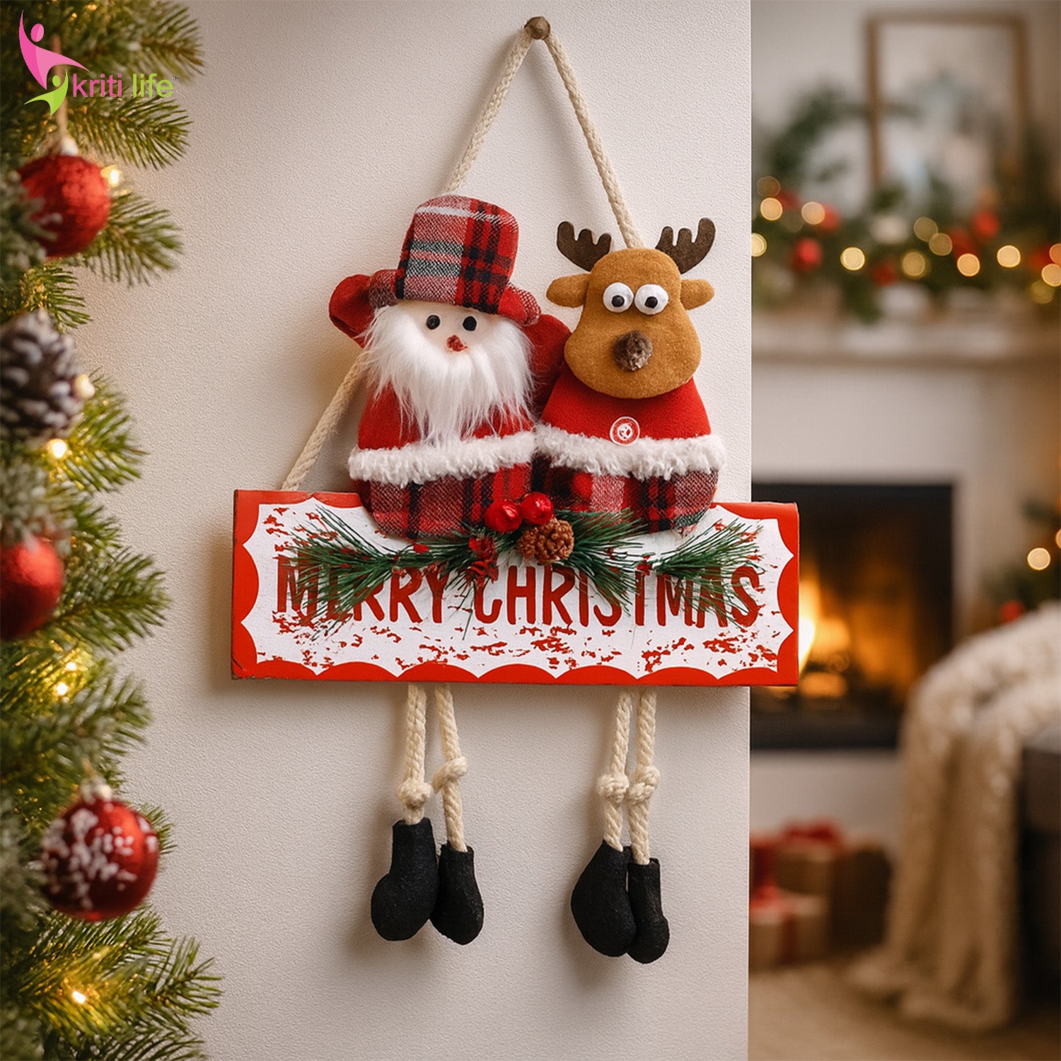 Santa & Reindeer Hanging Merry Christmas Wall Decor (Beige, 37×30 cm)
