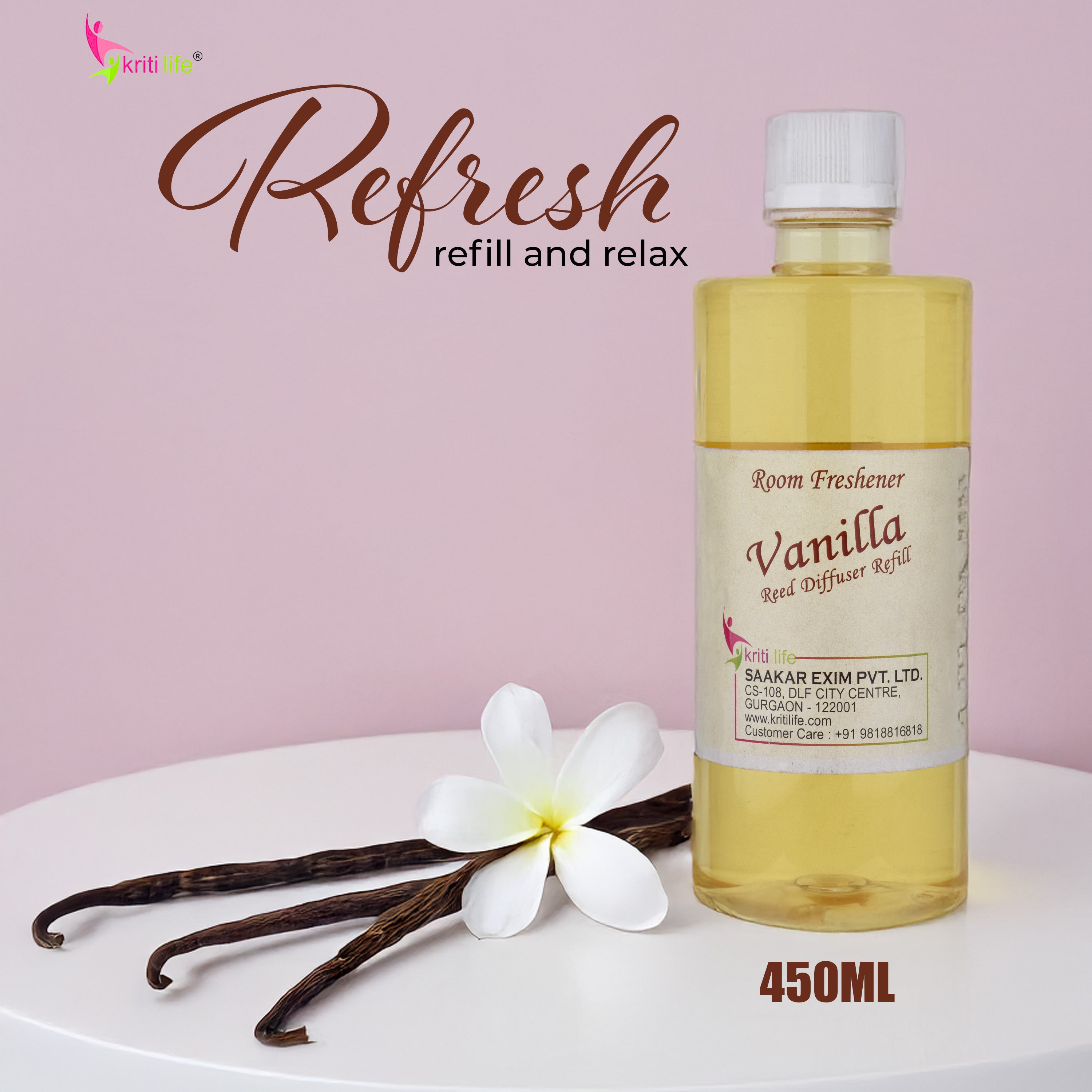 Kriti Life Reed Diffuser Refill - Vanilla 450ML Long-Lasting Room Fragrance