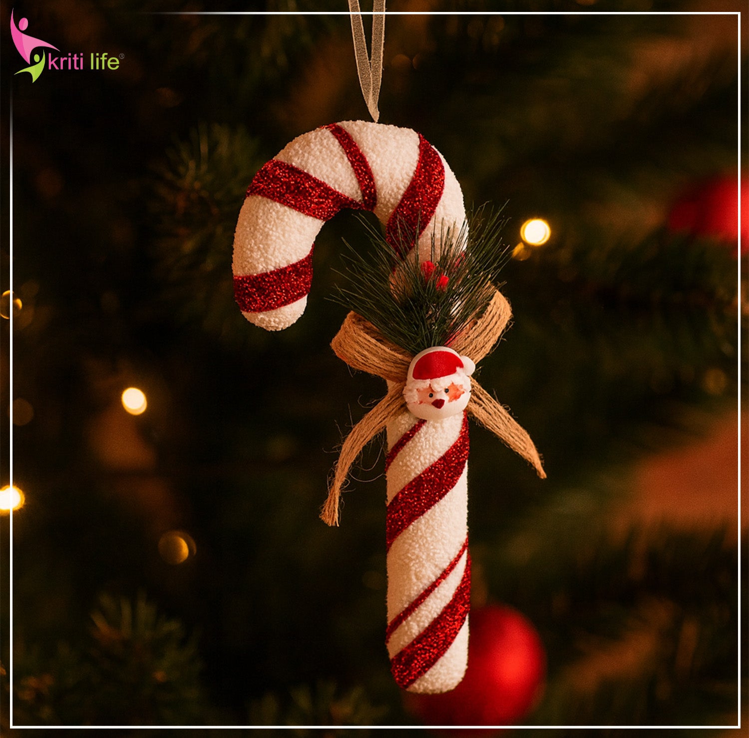 Santa Candy Cane Christmas Hanging Ornament – White & Red Glitter Décor - 7 inch